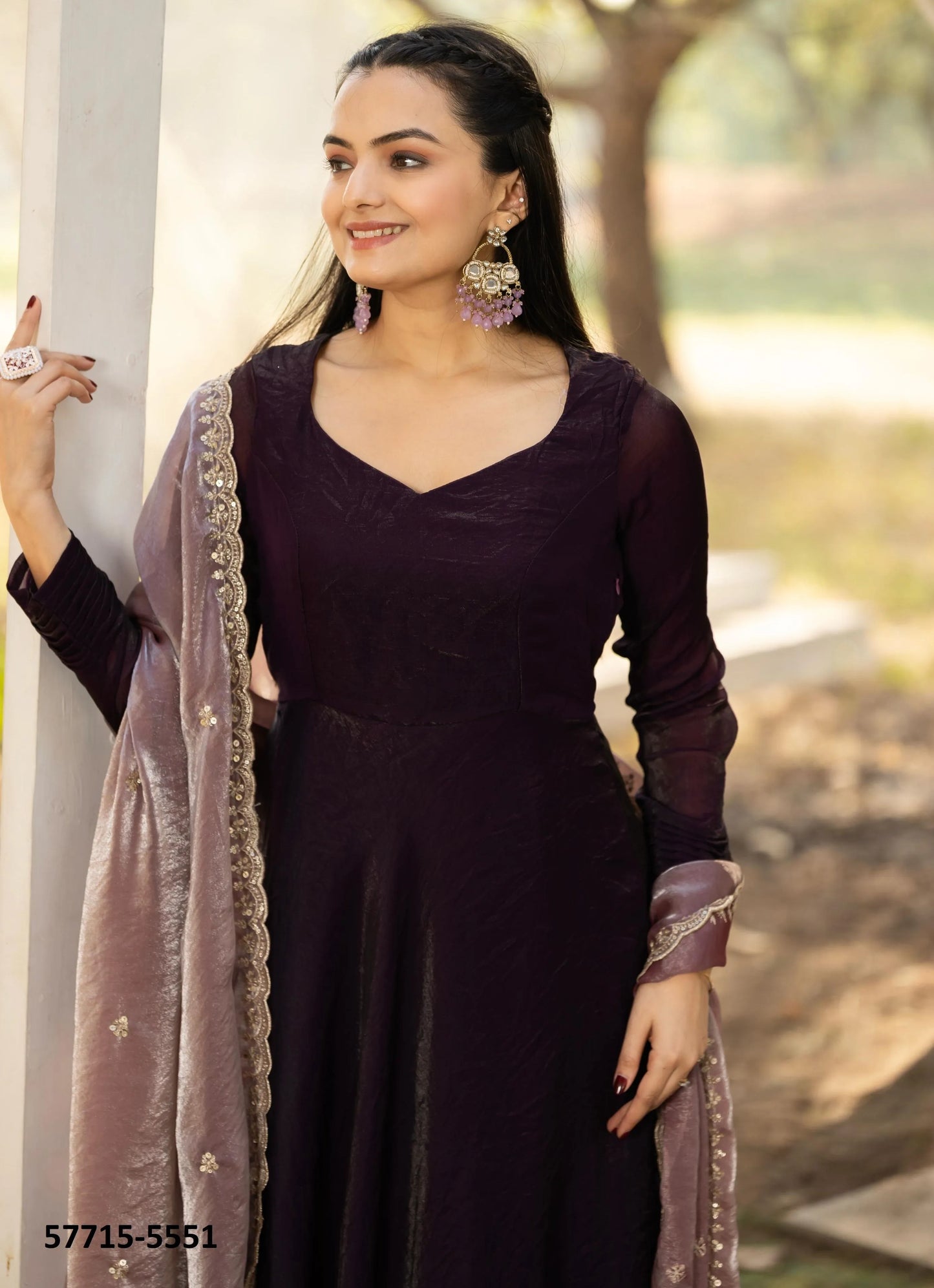 Dark Wine Silk Sequins-Work Party-Wear Readymade Gown With Dupatta