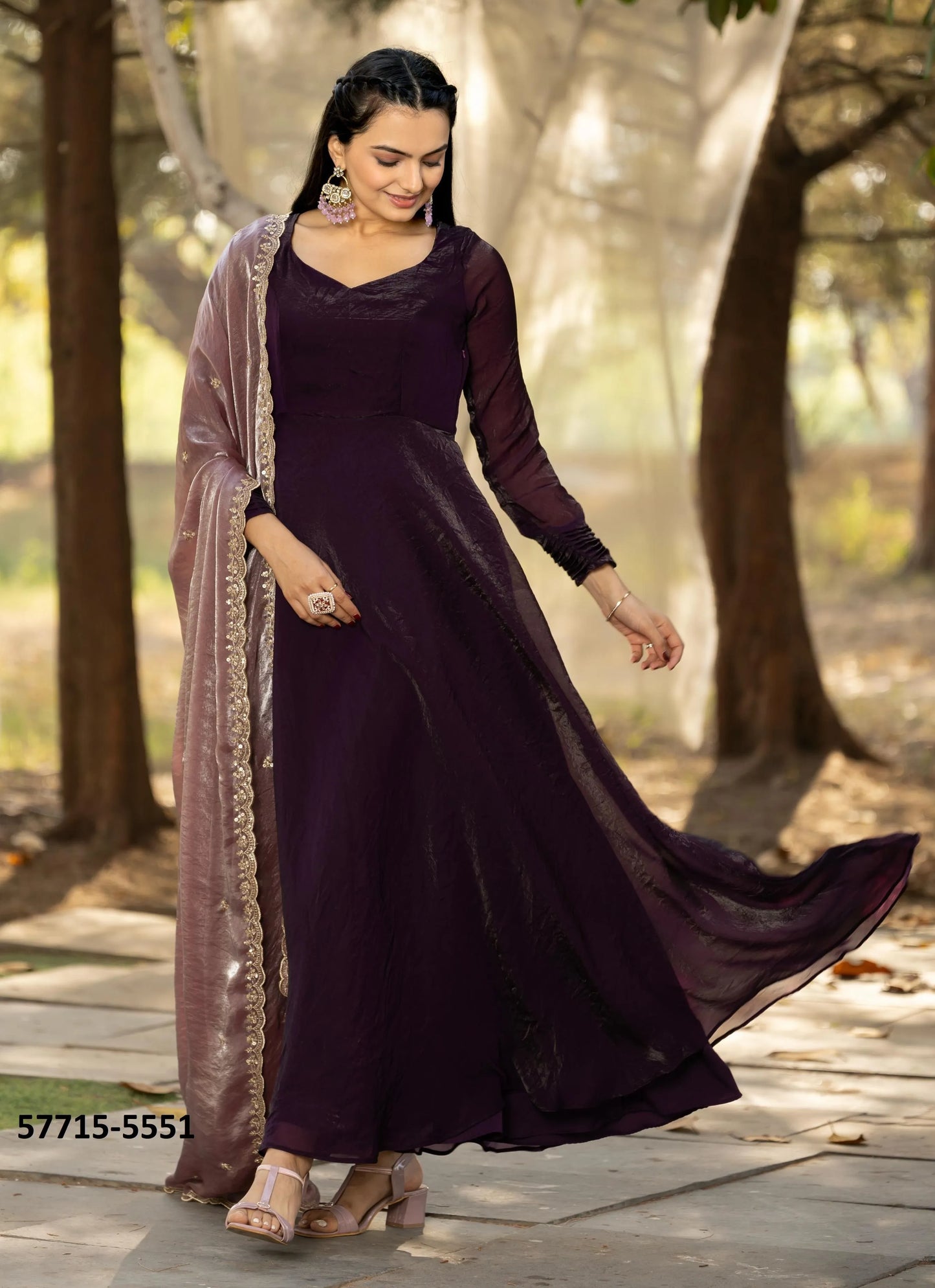 Dark Wine Silk Sequins-Work Party-Wear Readymade Gown With Dupatta