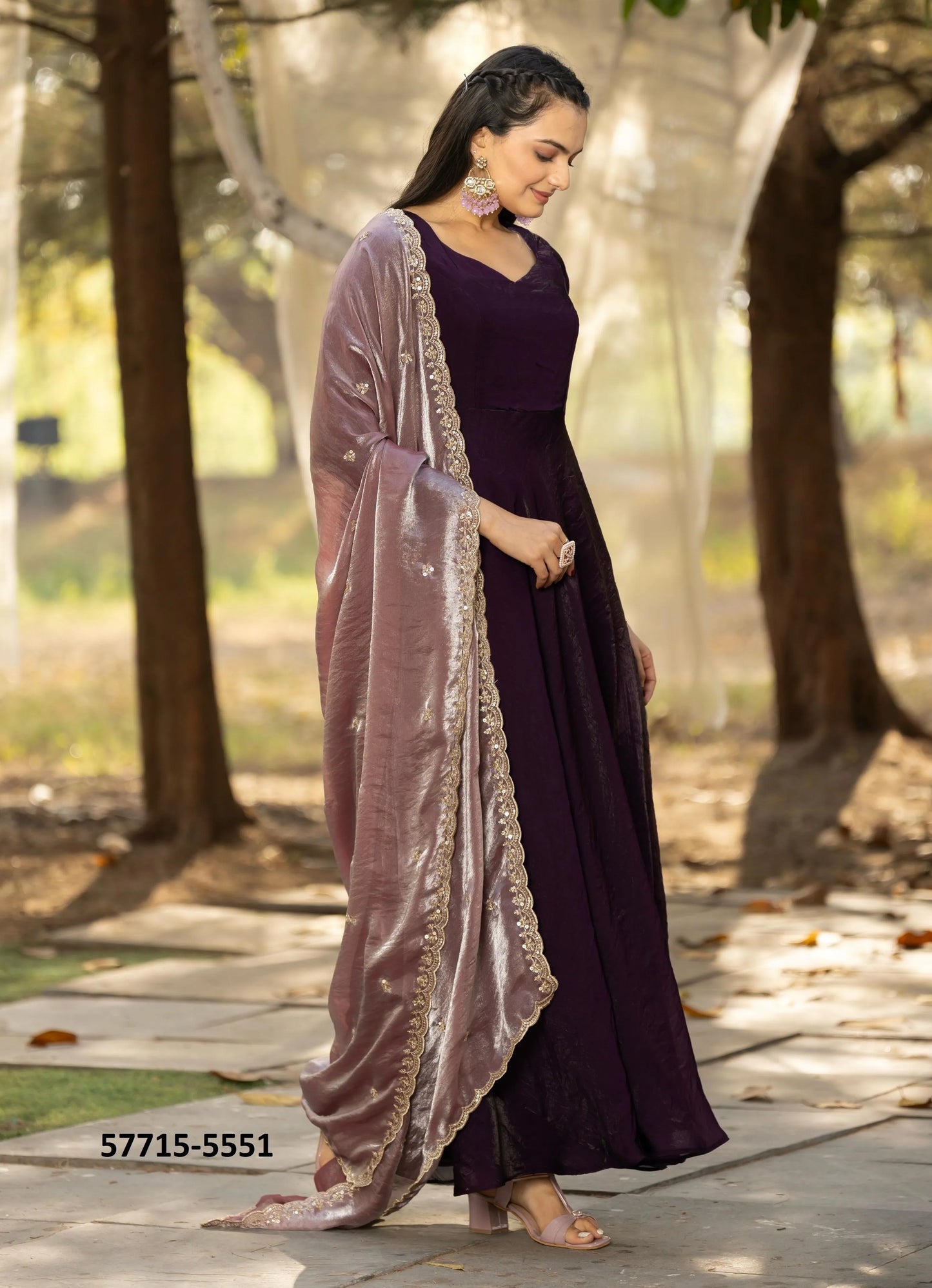 Dark Wine Silk Sequins-Work Party-Wear Readymade Gown With Dupatta