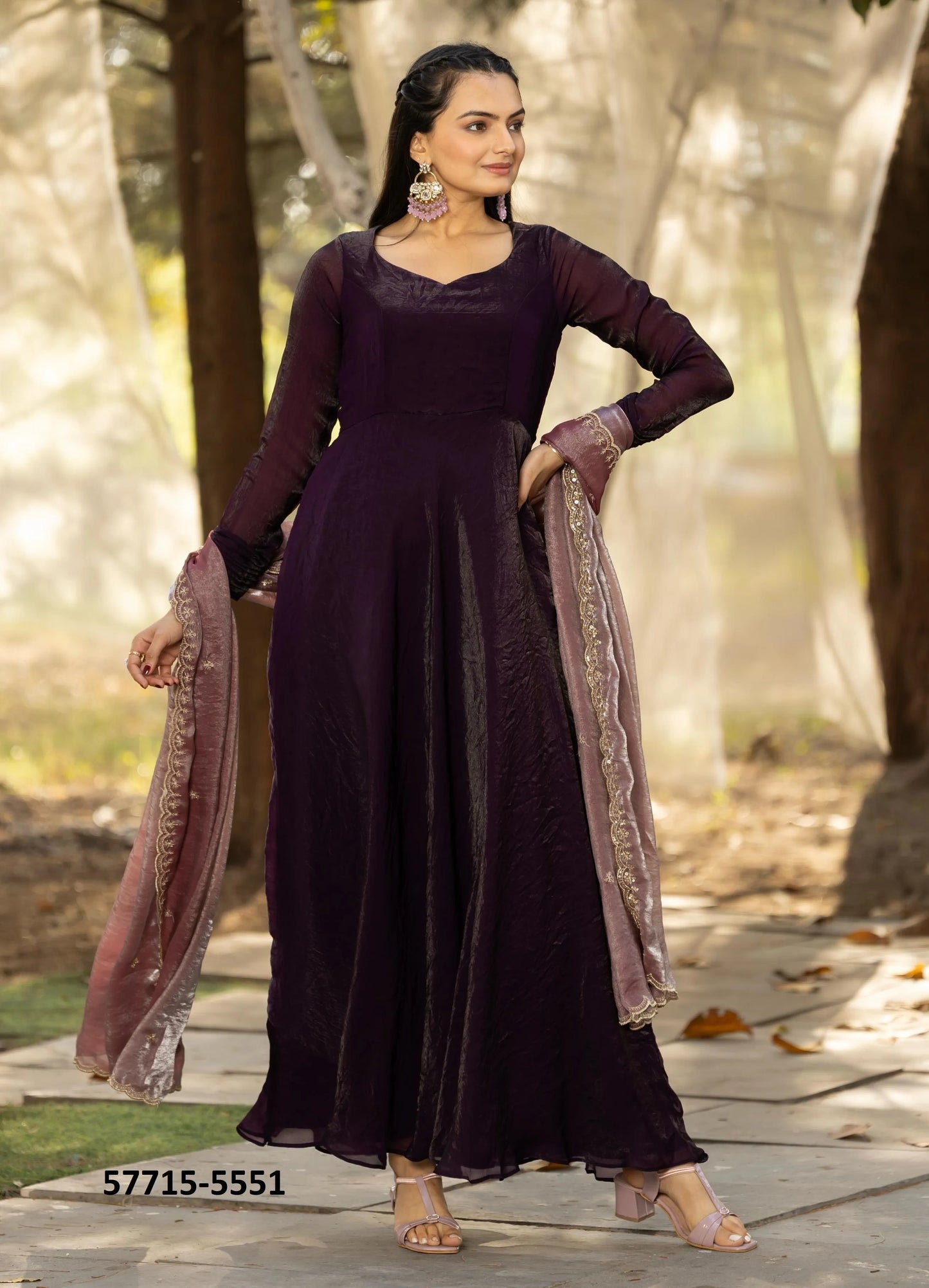 Dark Wine Silk Sequins-Work Party-Wear Readymade Gown With Dupatta