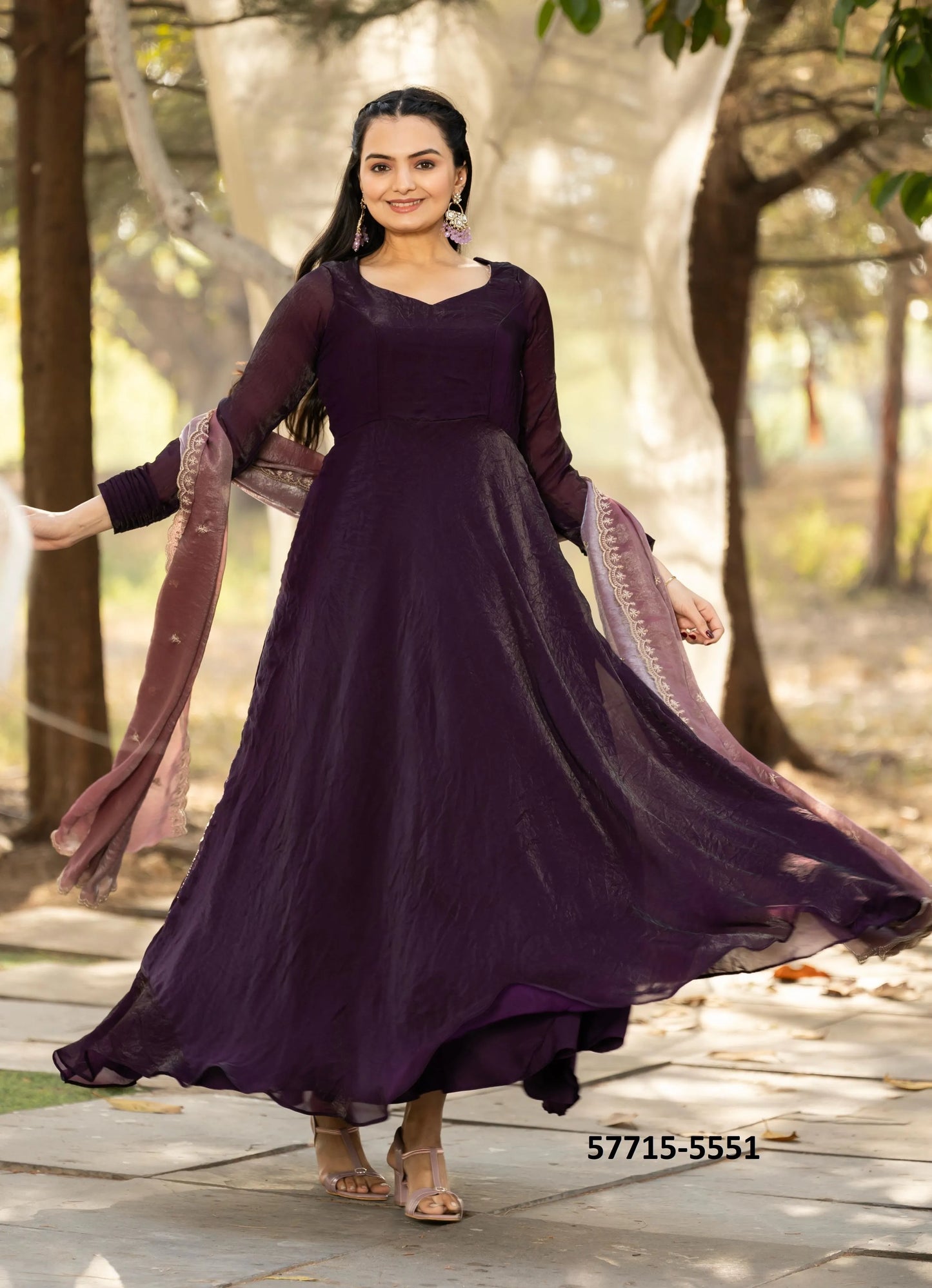 Dark Wine Silk Sequins-Work Party-Wear Readymade Gown With Dupatta