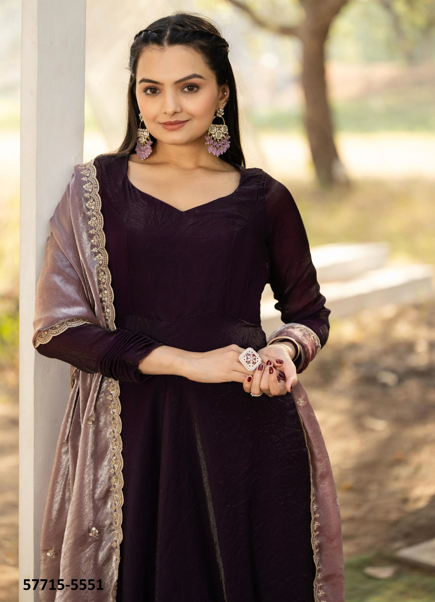 Dark Wine Silk Sequins-Work Party-Wear Readymade Gown With Dupatta