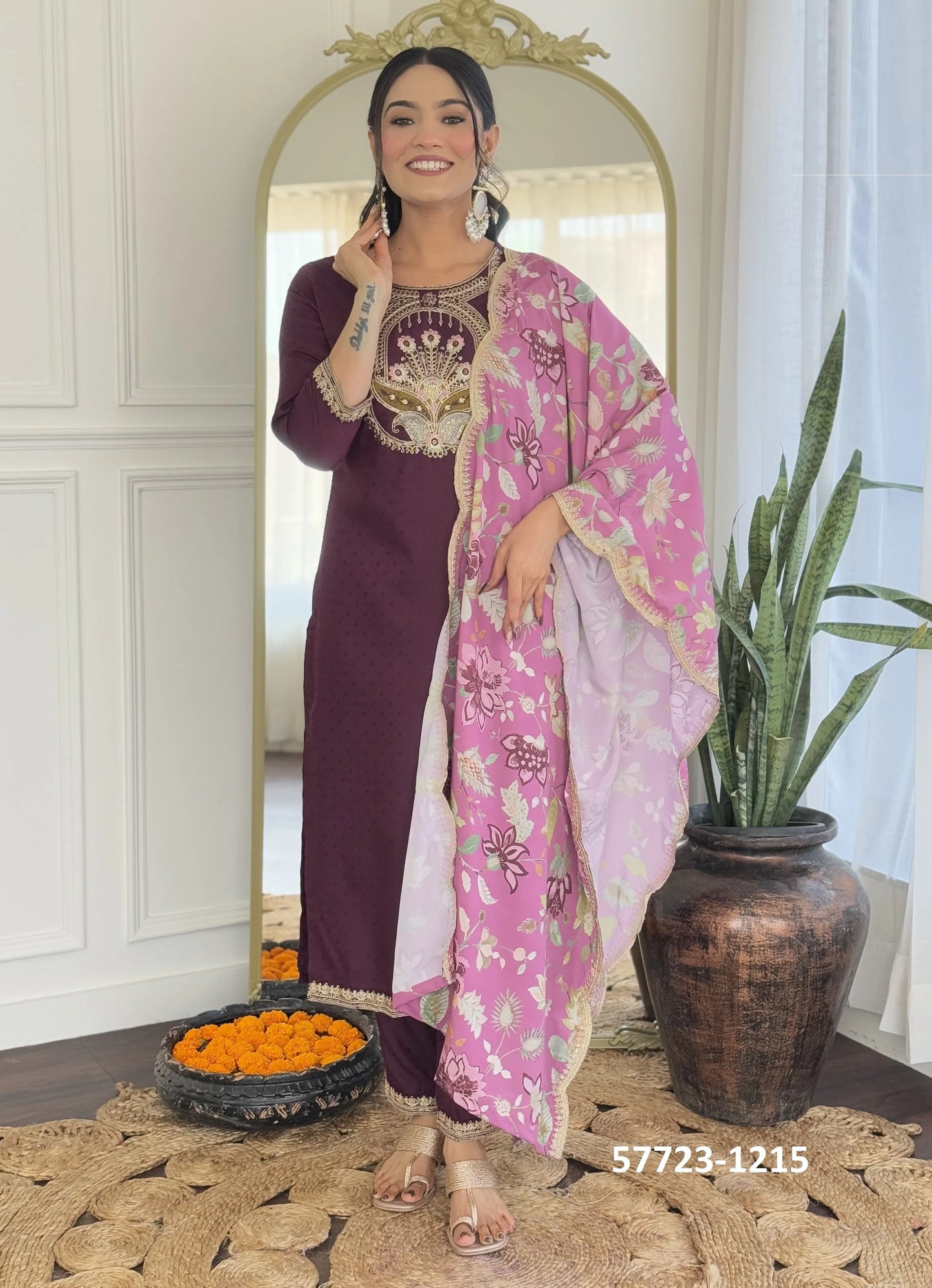 Wine Viscose Rayon Embroidered Festive-Wear Readymade Pant-Bottom Salwar Kameez