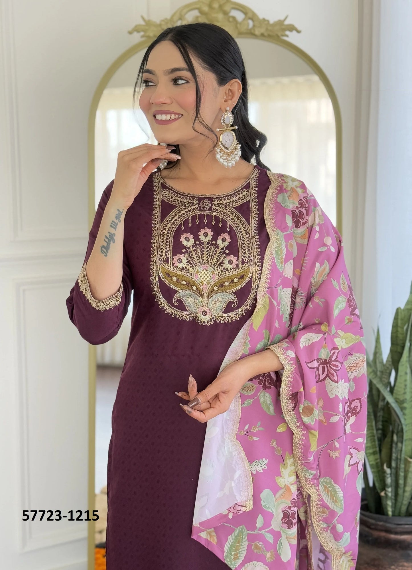Wine Viscose Rayon Embroidered Festive-Wear Readymade Pant-Bottom Salwar Kameez