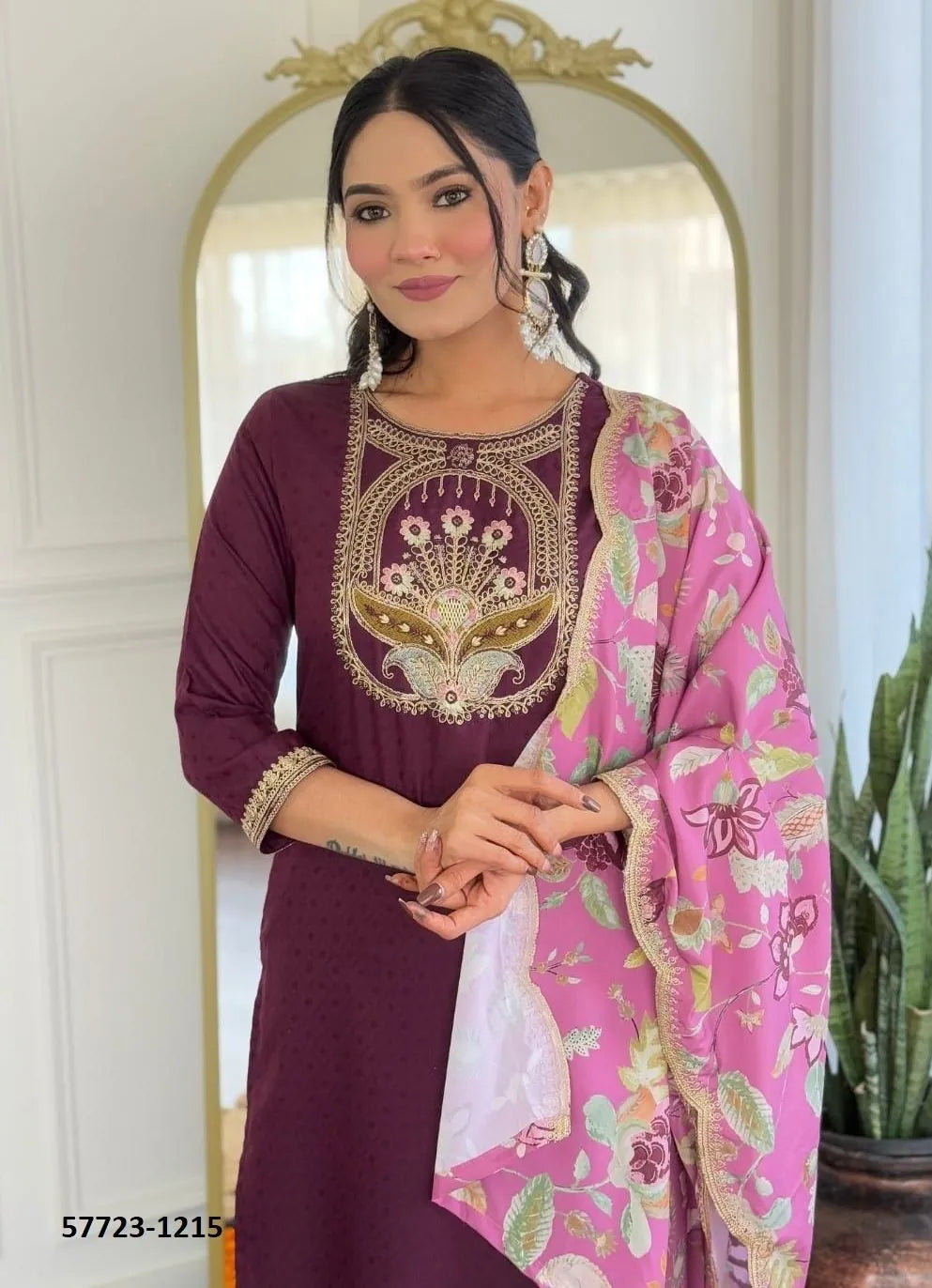 Wine Viscose Rayon Embroidered Festive-Wear Readymade Pant-Bottom Salwar Kameez