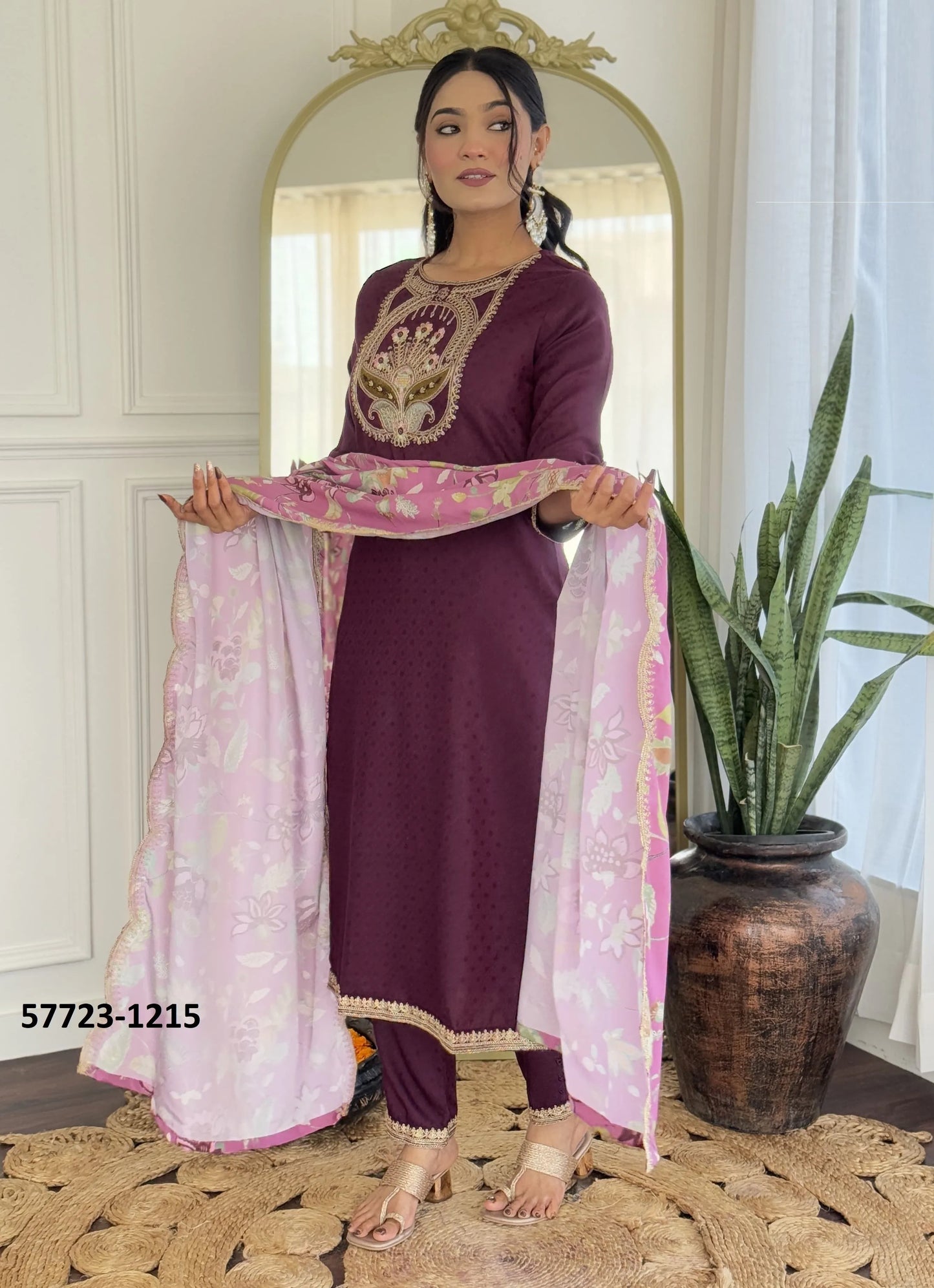 Wine Viscose Rayon Embroidered Festive-Wear Readymade Pant-Bottom Salwar Kameez