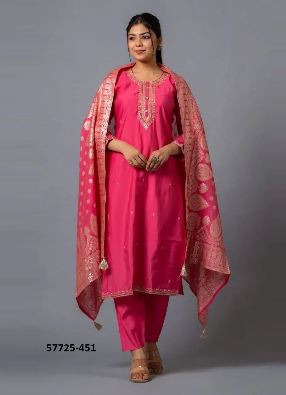 Dark Pink Viscose Chanderi Woven Festive-Wear Jacquard Readymade Salwar Kameez