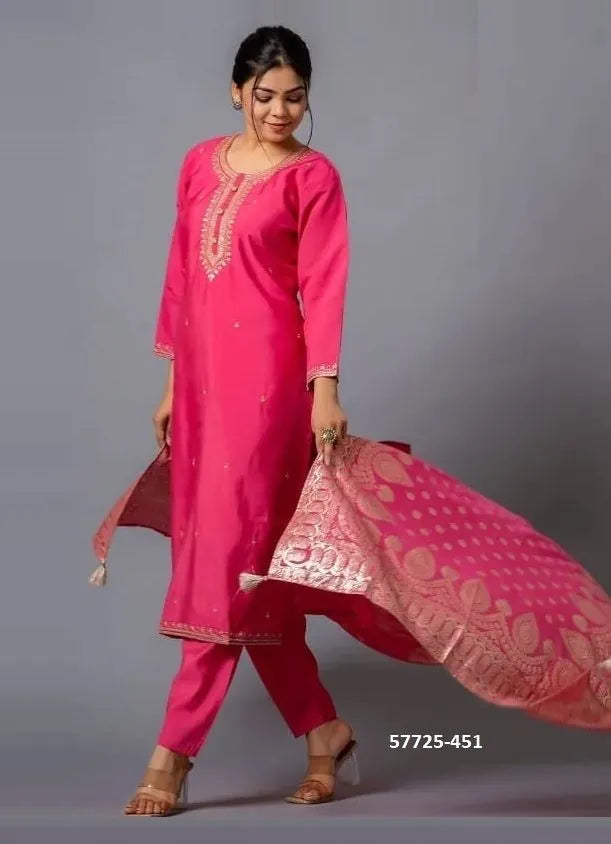 Dark Pink Viscose Chanderi Woven Festive-Wear Jacquard Readymade Salwar Kameez