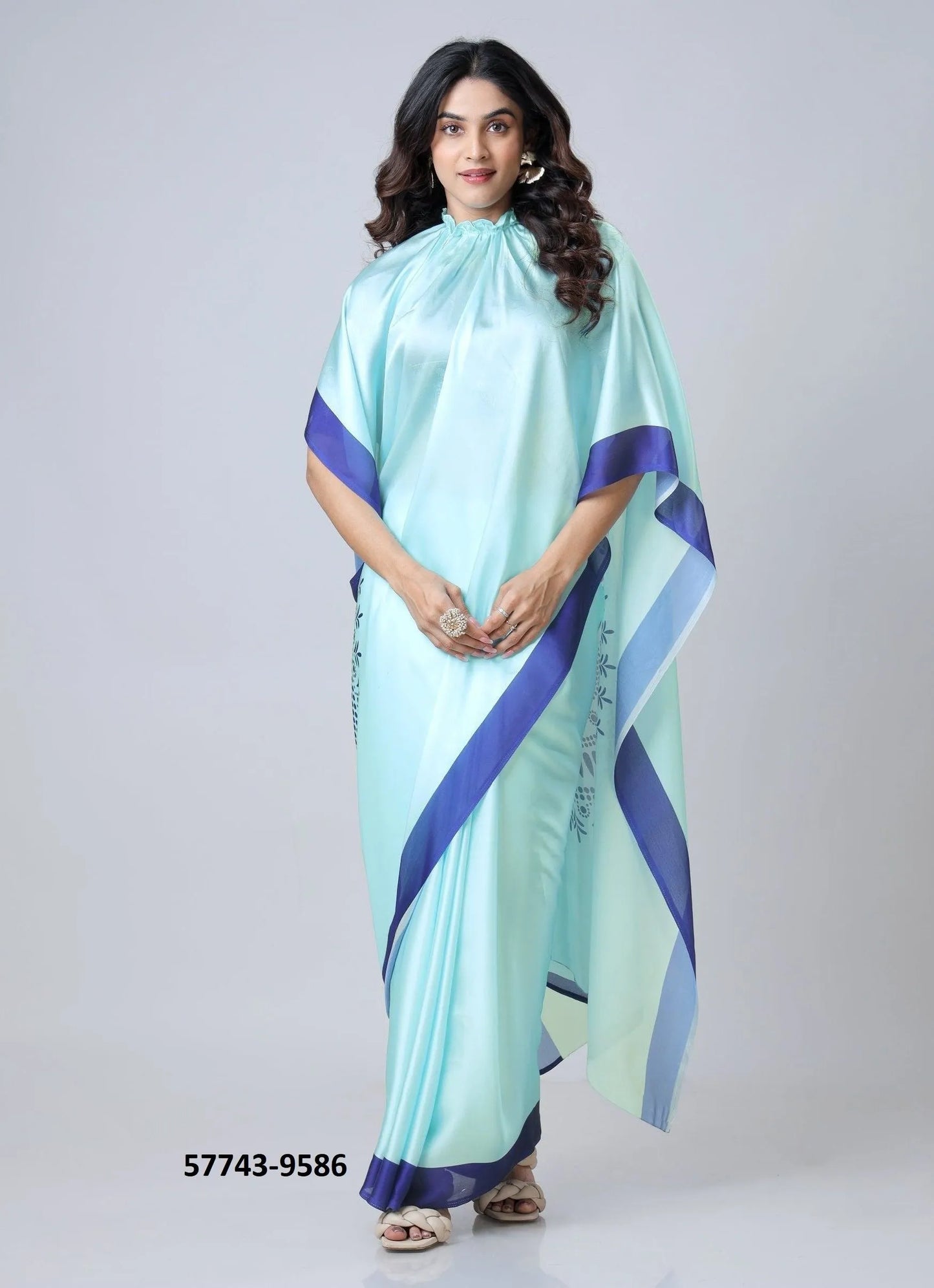 Sky Blue Soft Crape Satin Printed Party-Wear Hands-Free Drape Saree