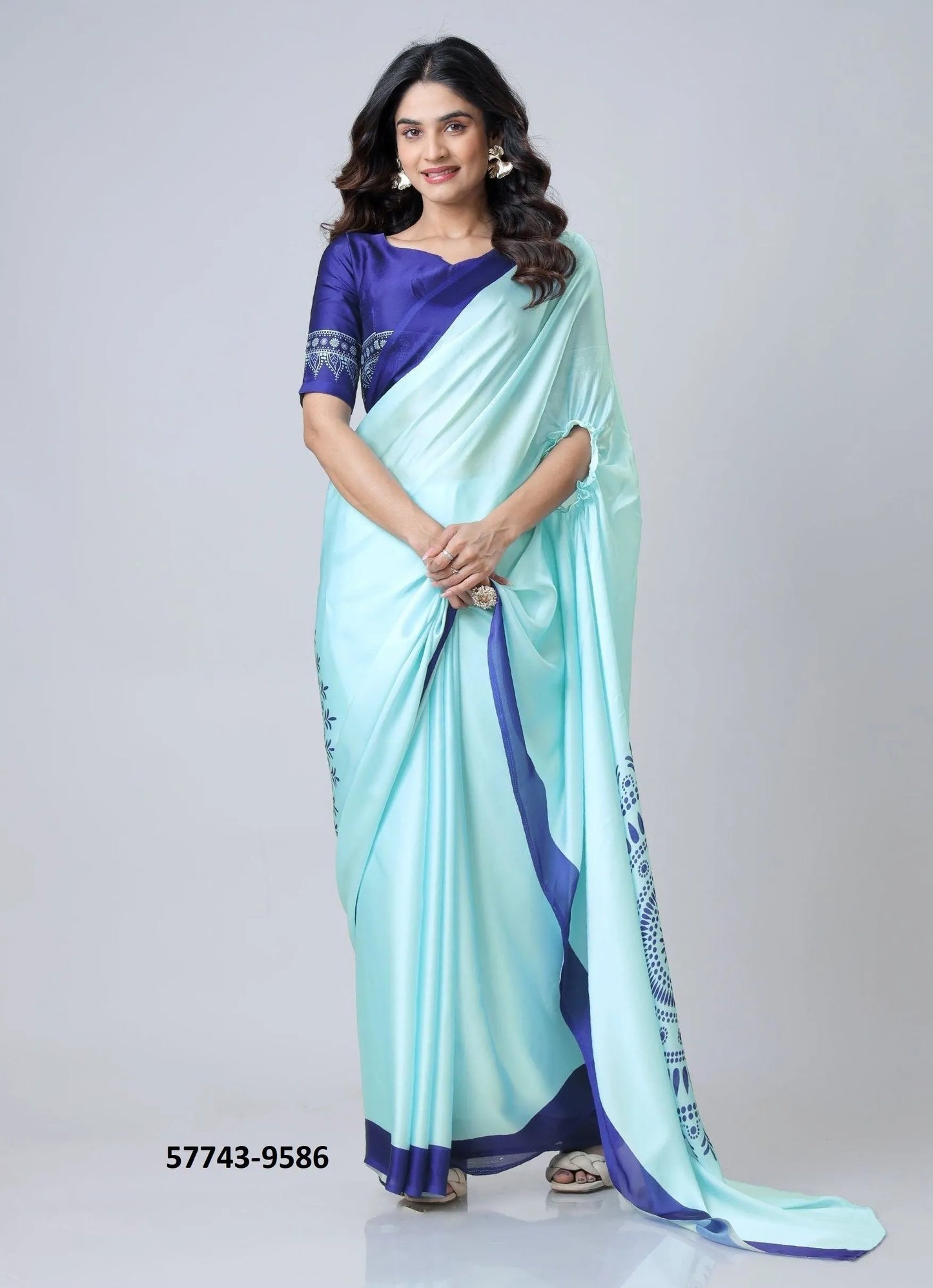 Sky Blue Soft Crape Satin Printed Party-Wear Hands-Free Drape Saree