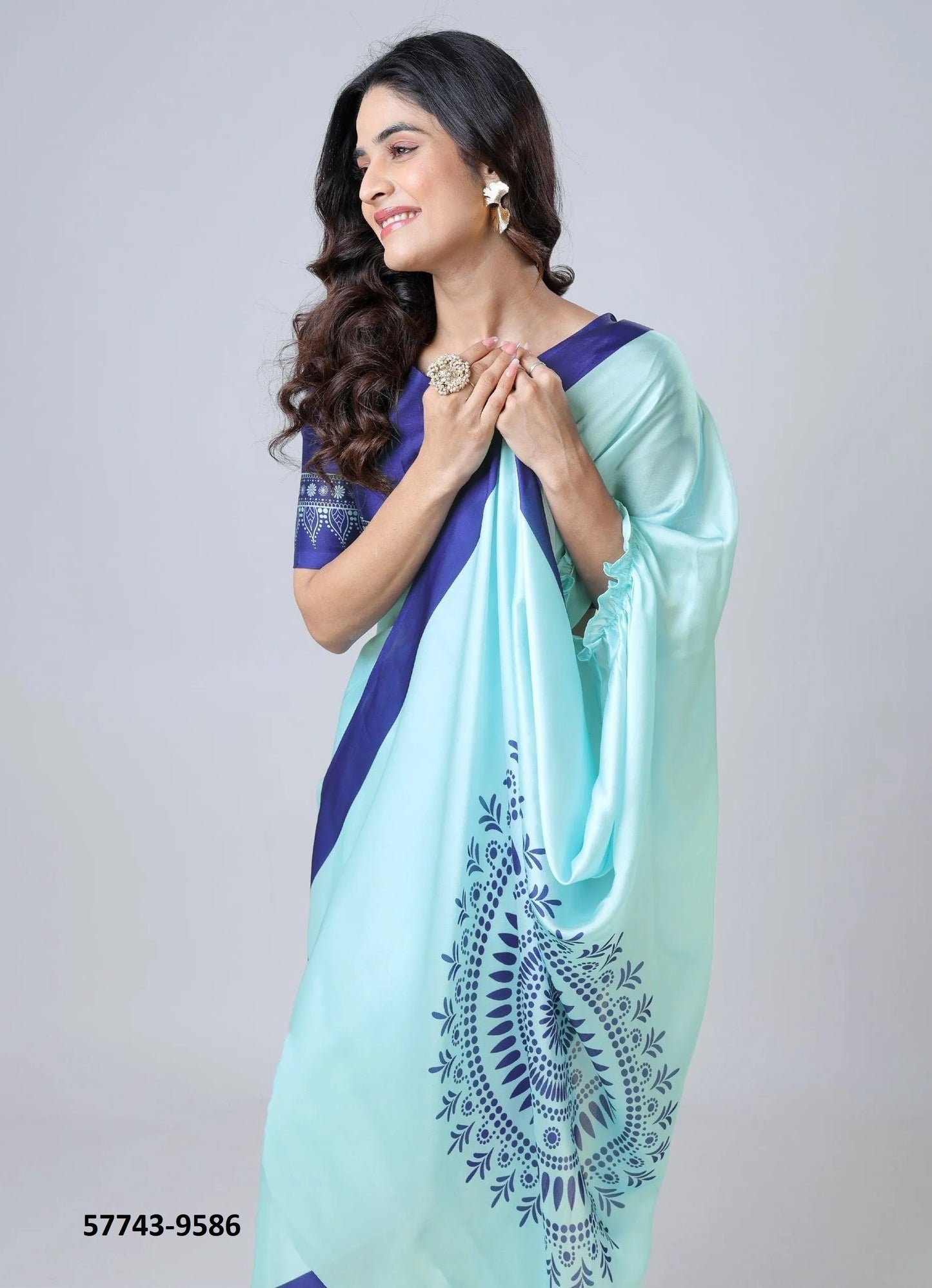 Sky Blue Soft Crape Satin Printed Party-Wear Hands-Free Drape Saree