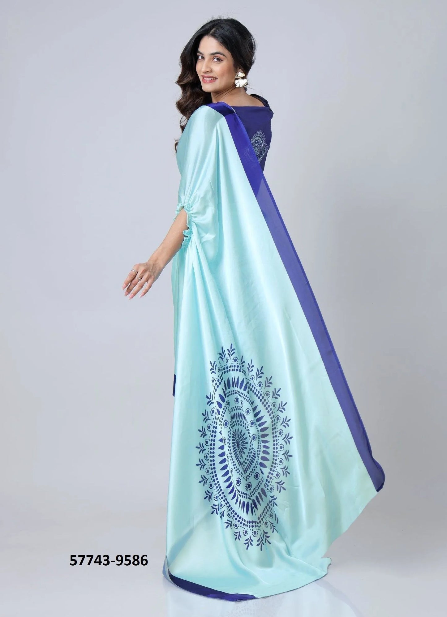 Sky Blue Soft Crape Satin Printed Party-Wear Hands-Free Drape Saree