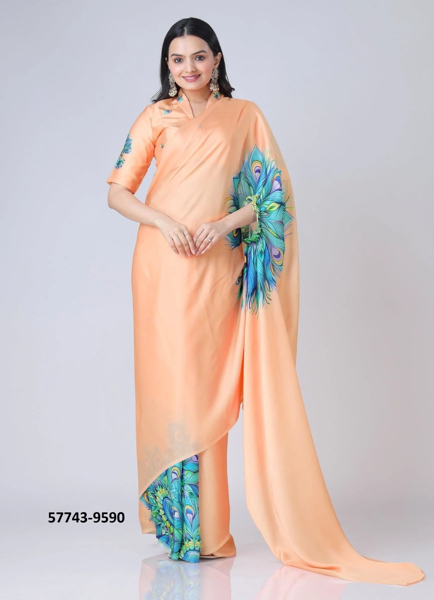 Peach Soft Crape Satin Printed Party-Wear Hands-Free Drape Saree
