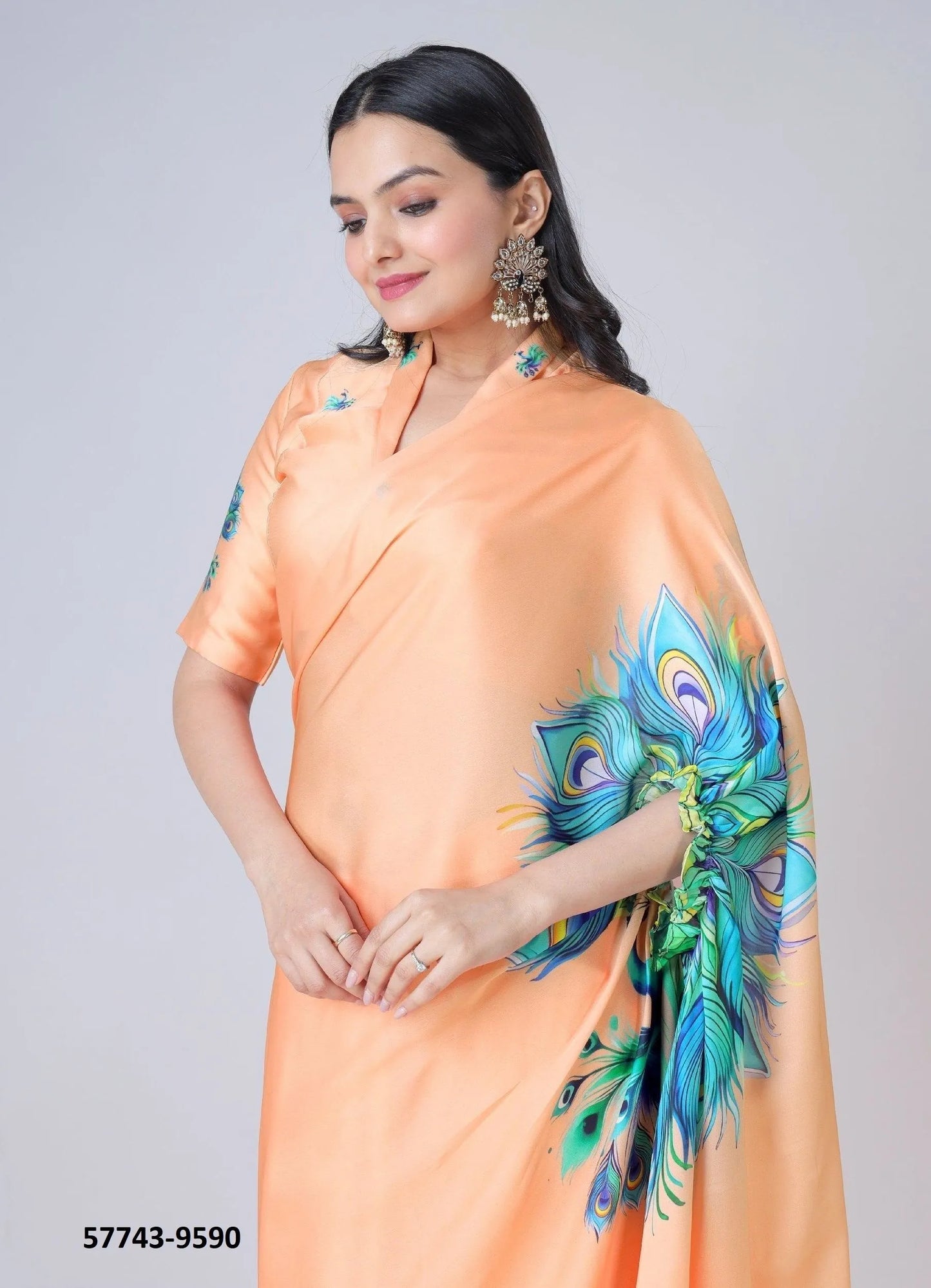 Peach Soft Crape Satin Printed Party-Wear Hands-Free Drape Saree