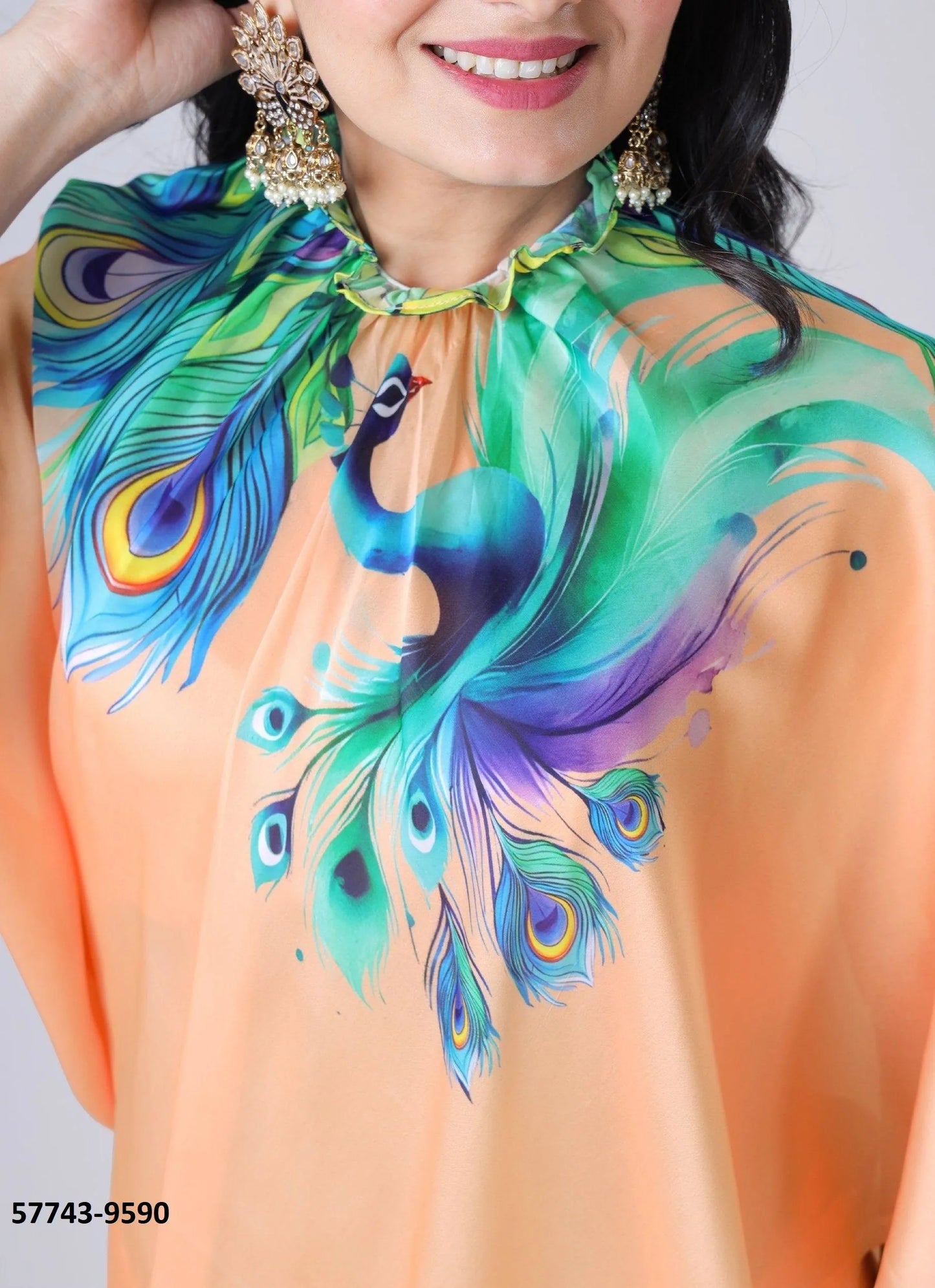 Peach Soft Crape Satin Printed Party-Wear Hands-Free Drape Saree