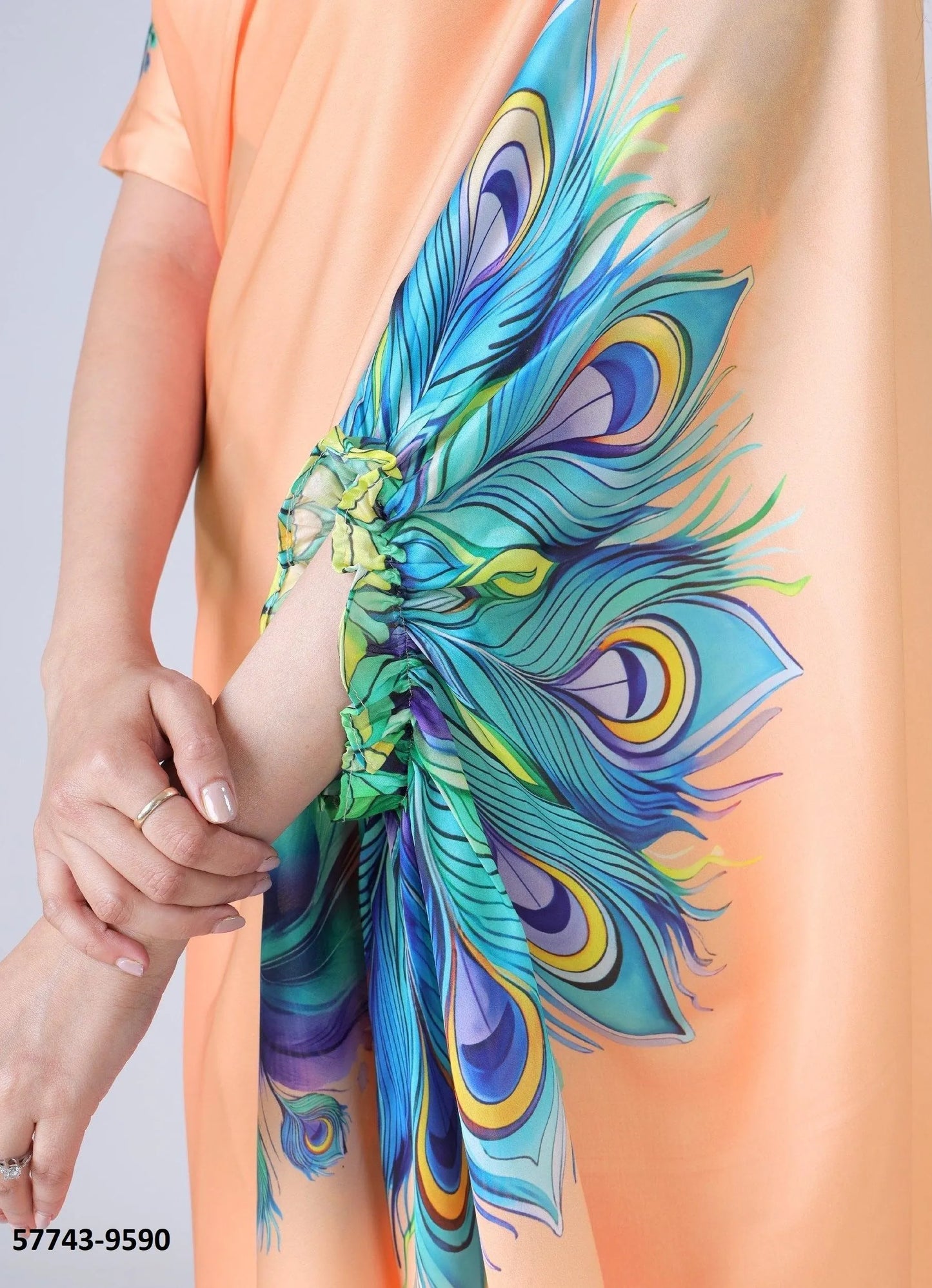 Peach Soft Crape Satin Printed Party-Wear Hands-Free Drape Saree