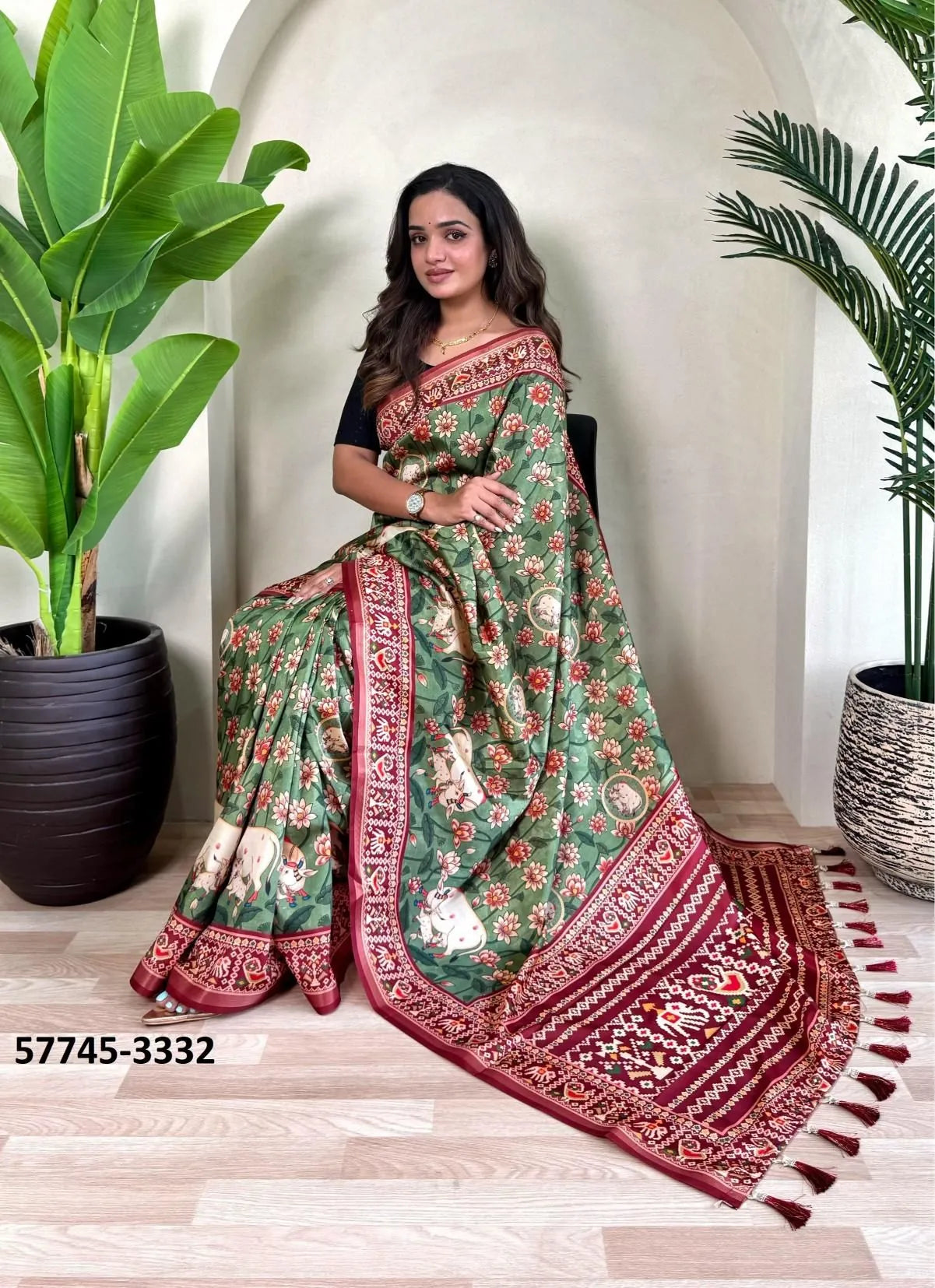 Light Green Dola Silk Viscose Printed Festive-Wear Saree
