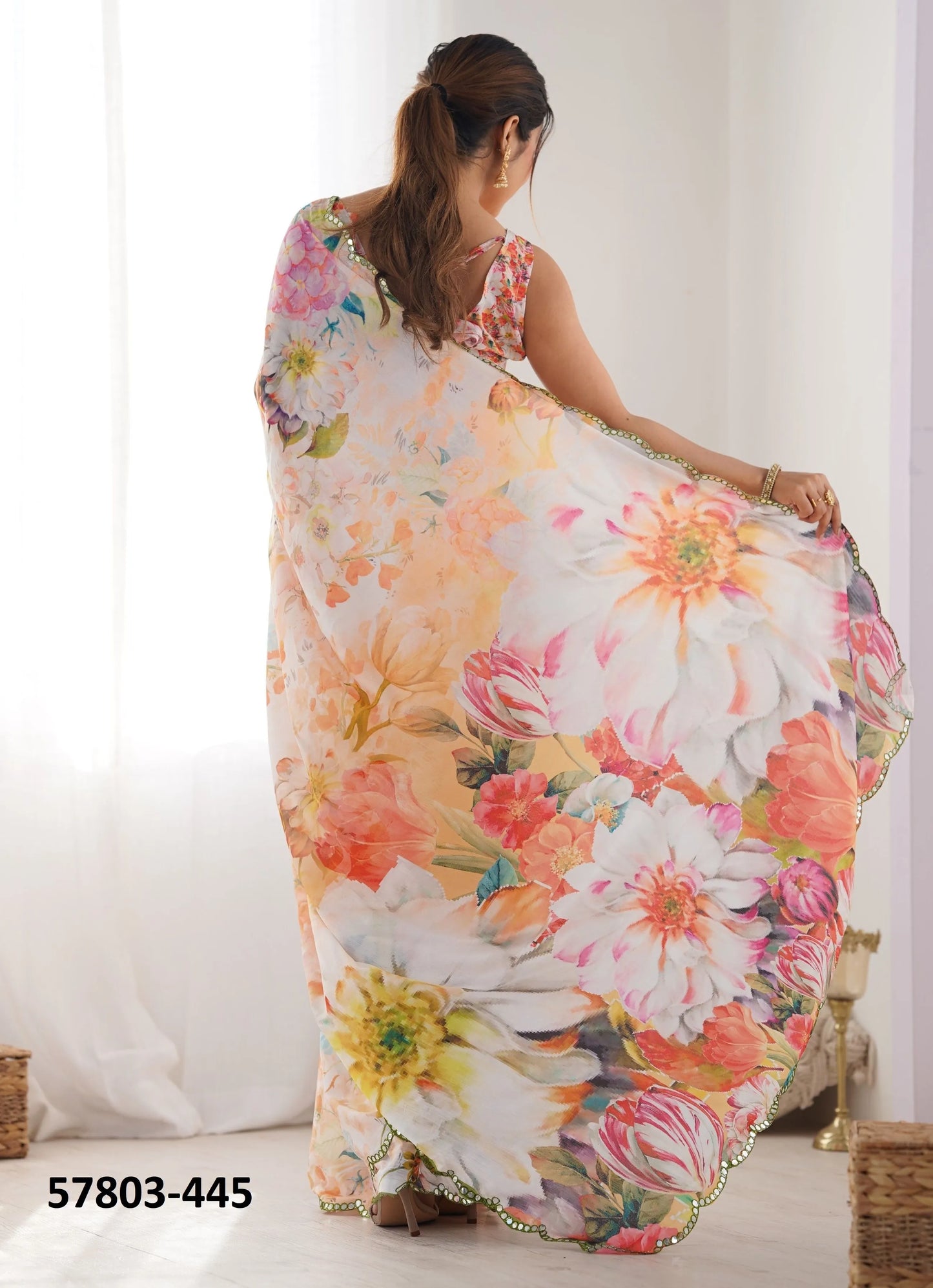 Peach Chinon Digitally Printed Vibrant Saree For Kitty-Paries