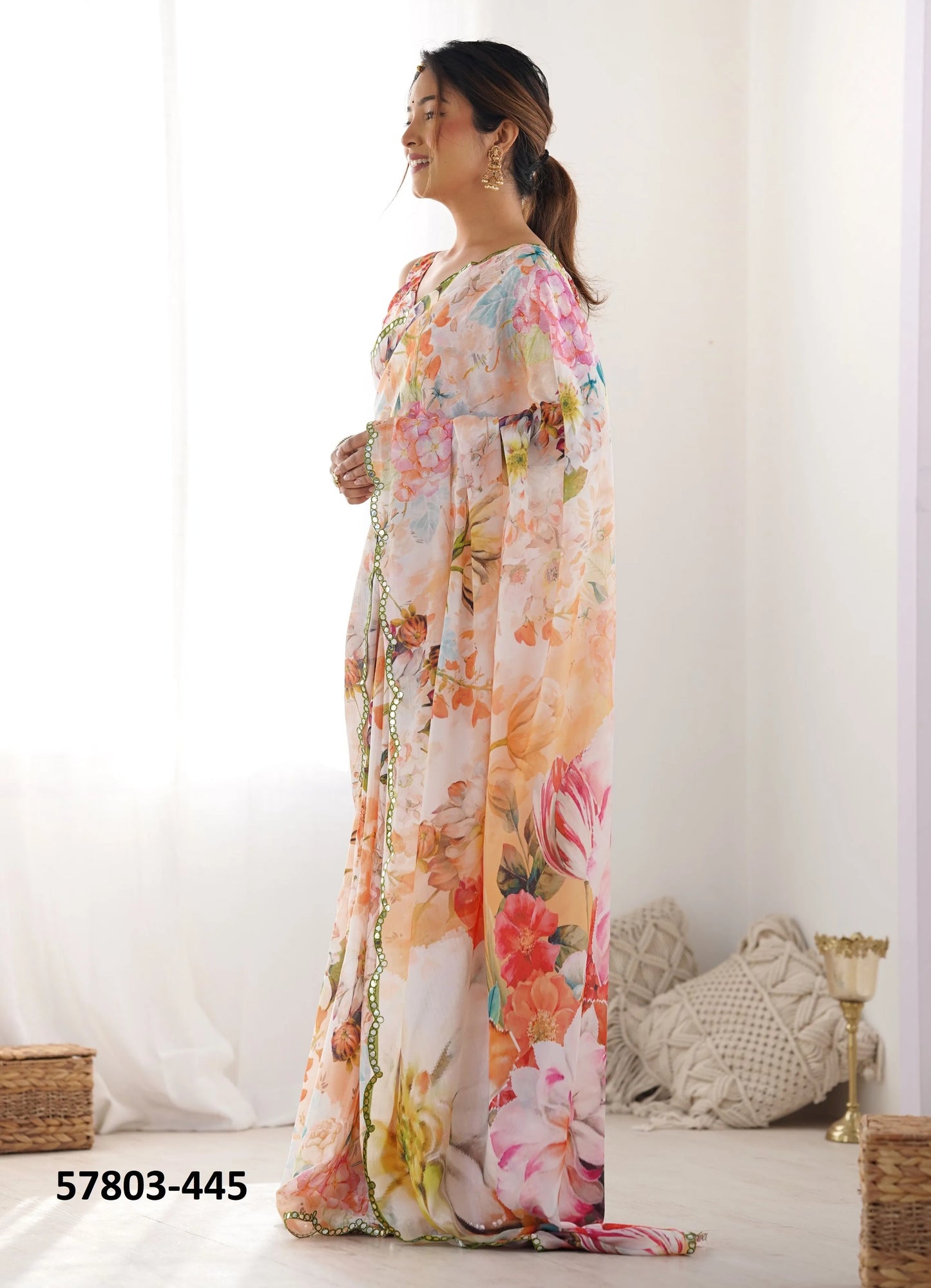 Peach Chinon Digitally Printed Vibrant Saree For Kitty-Paries