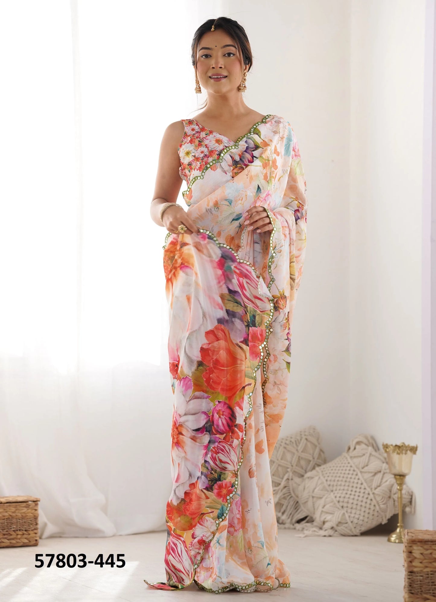 Peach Chinon Digitally Printed Vibrant Saree For Kitty-Paries