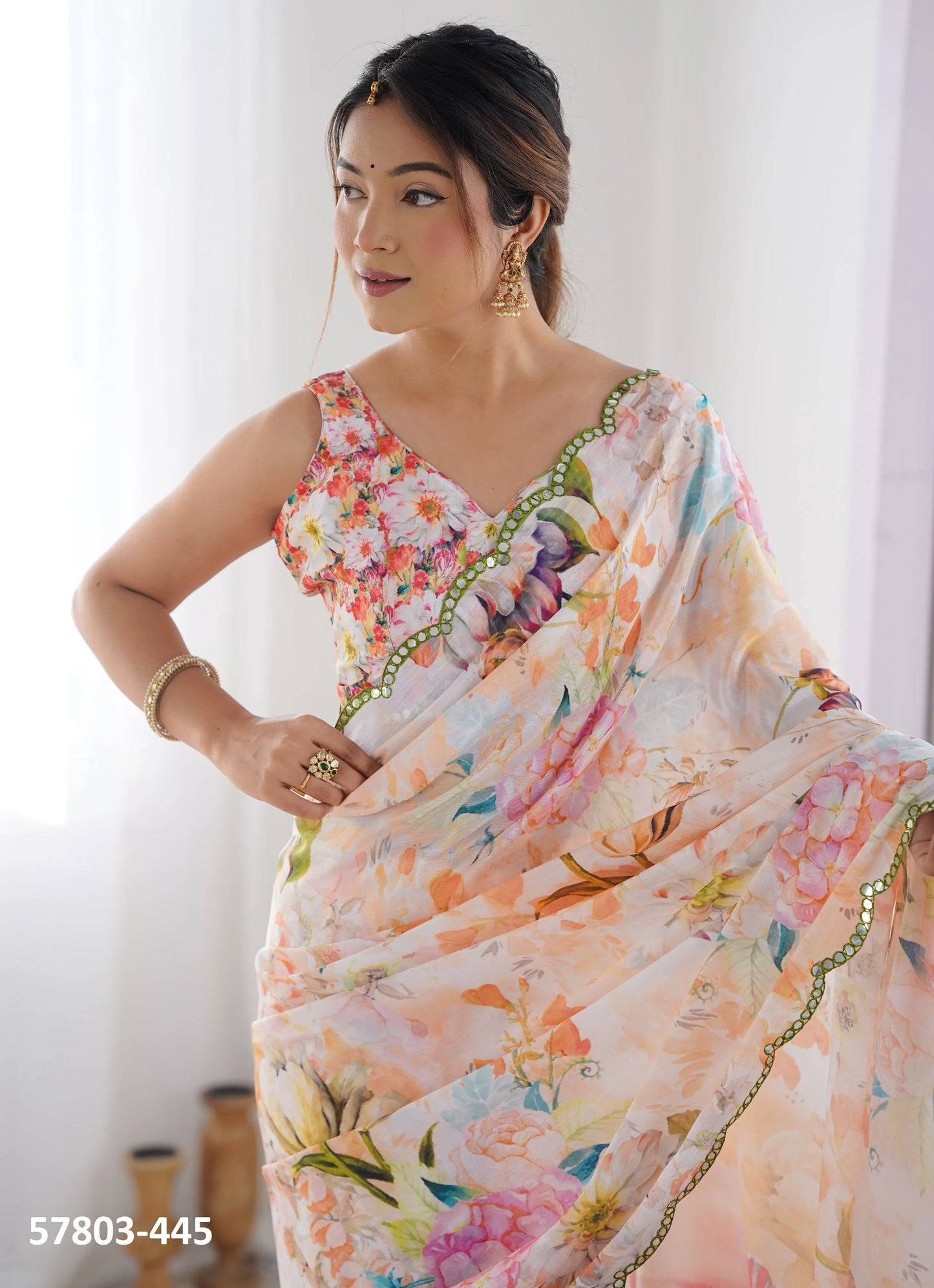 Peach Chinon Digitally Printed Vibrant Saree For Kitty-Paries