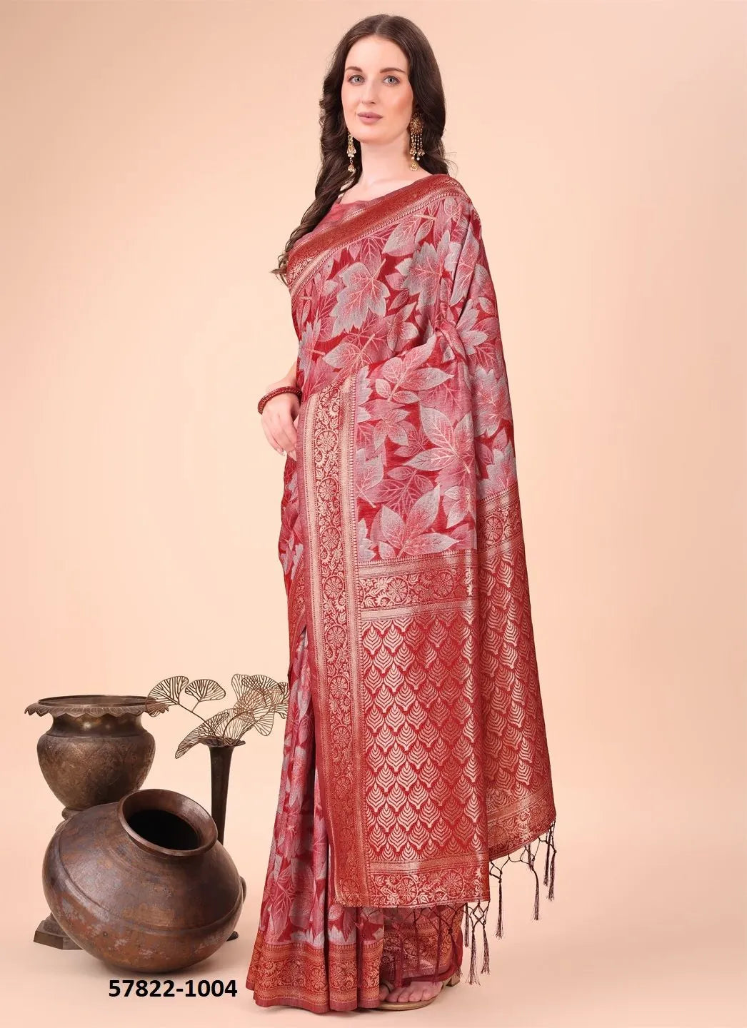 Red Cotton Woven Festive-Wear Handloom Saree