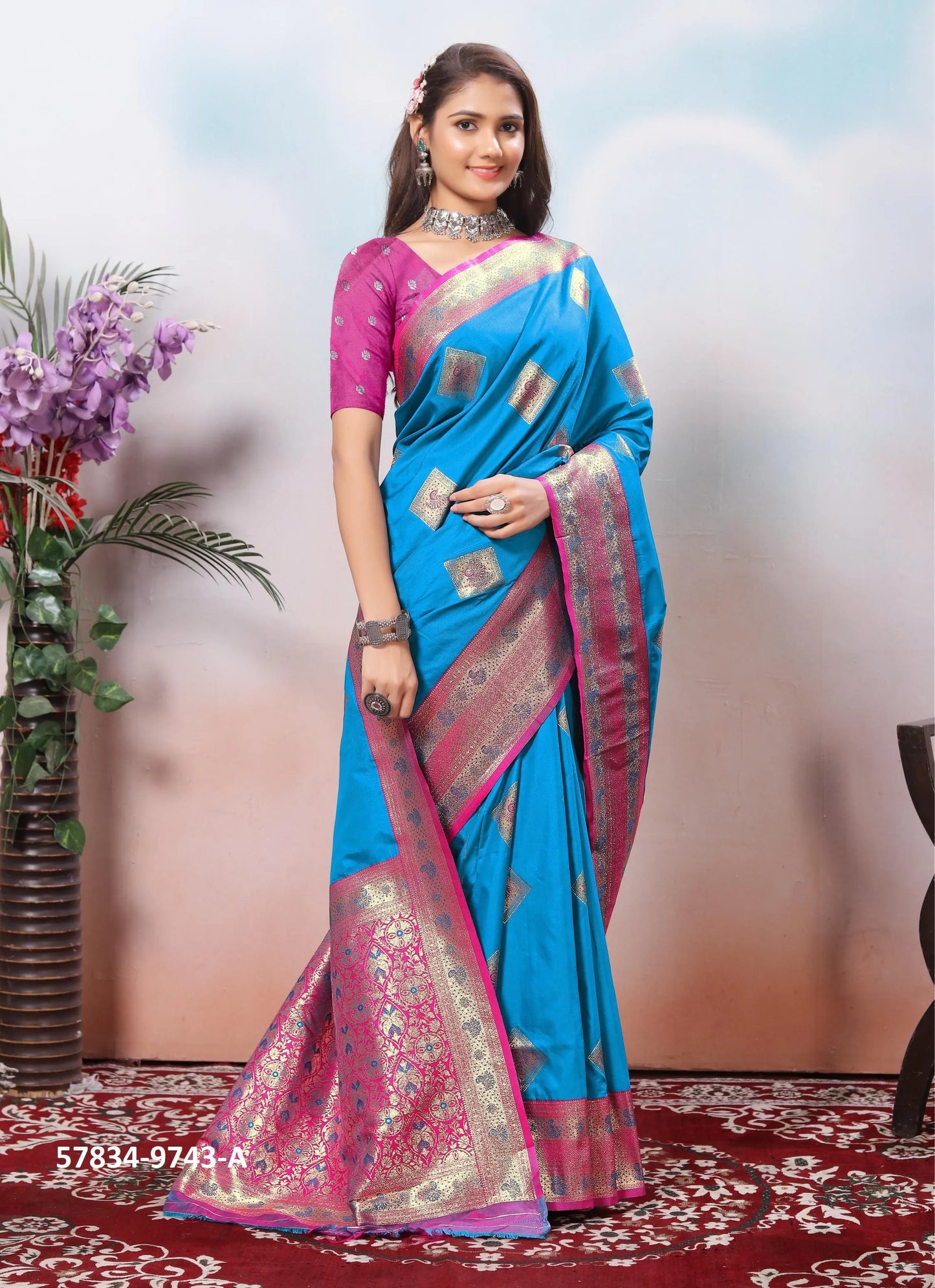 Sky Blue Silk Woven Jacquard Saree For Traditional / Religious-Occasions