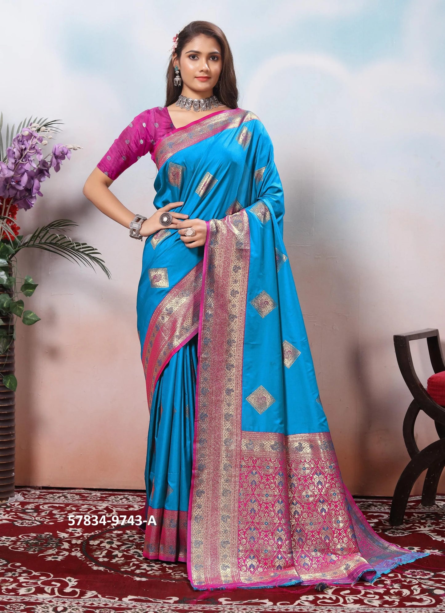 Sky Blue Silk Woven Jacquard Saree For Traditional / Religious-Occasions