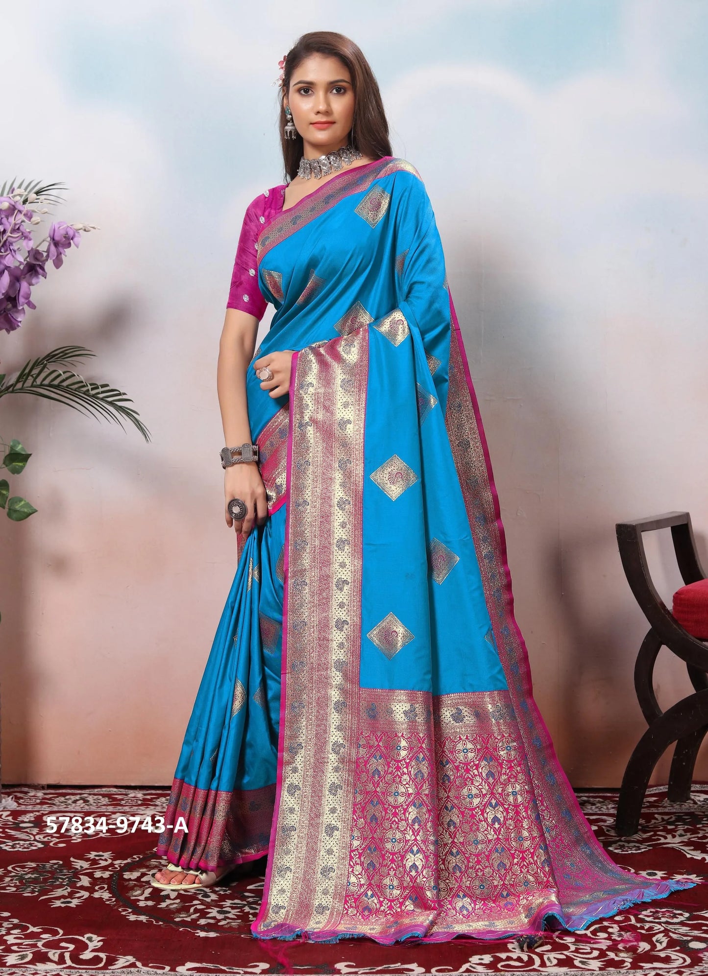 Sky Blue Silk Woven Jacquard Saree For Traditional / Religious-Occasions