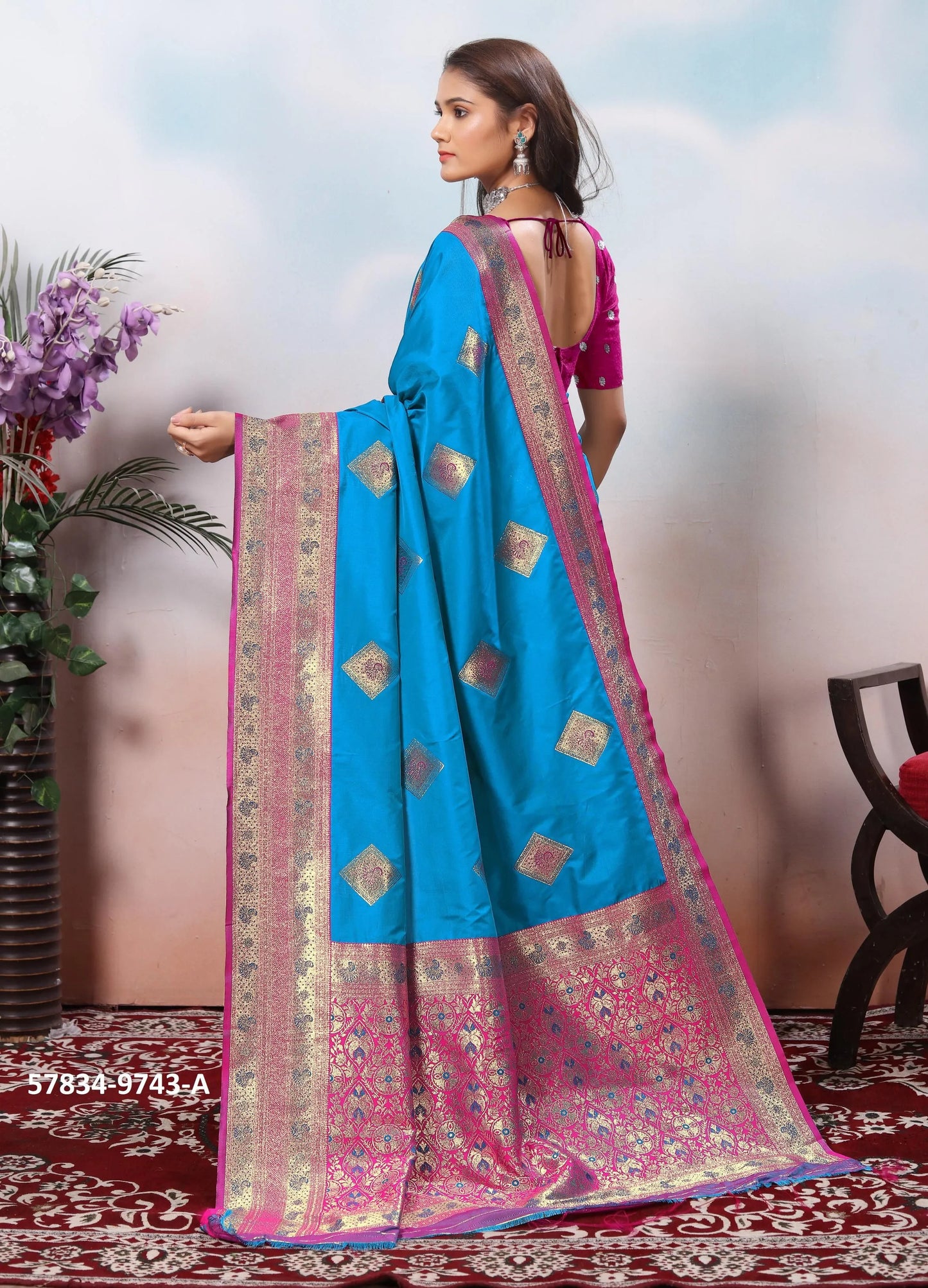 Sky Blue Silk Woven Jacquard Saree For Traditional / Religious-Occasions