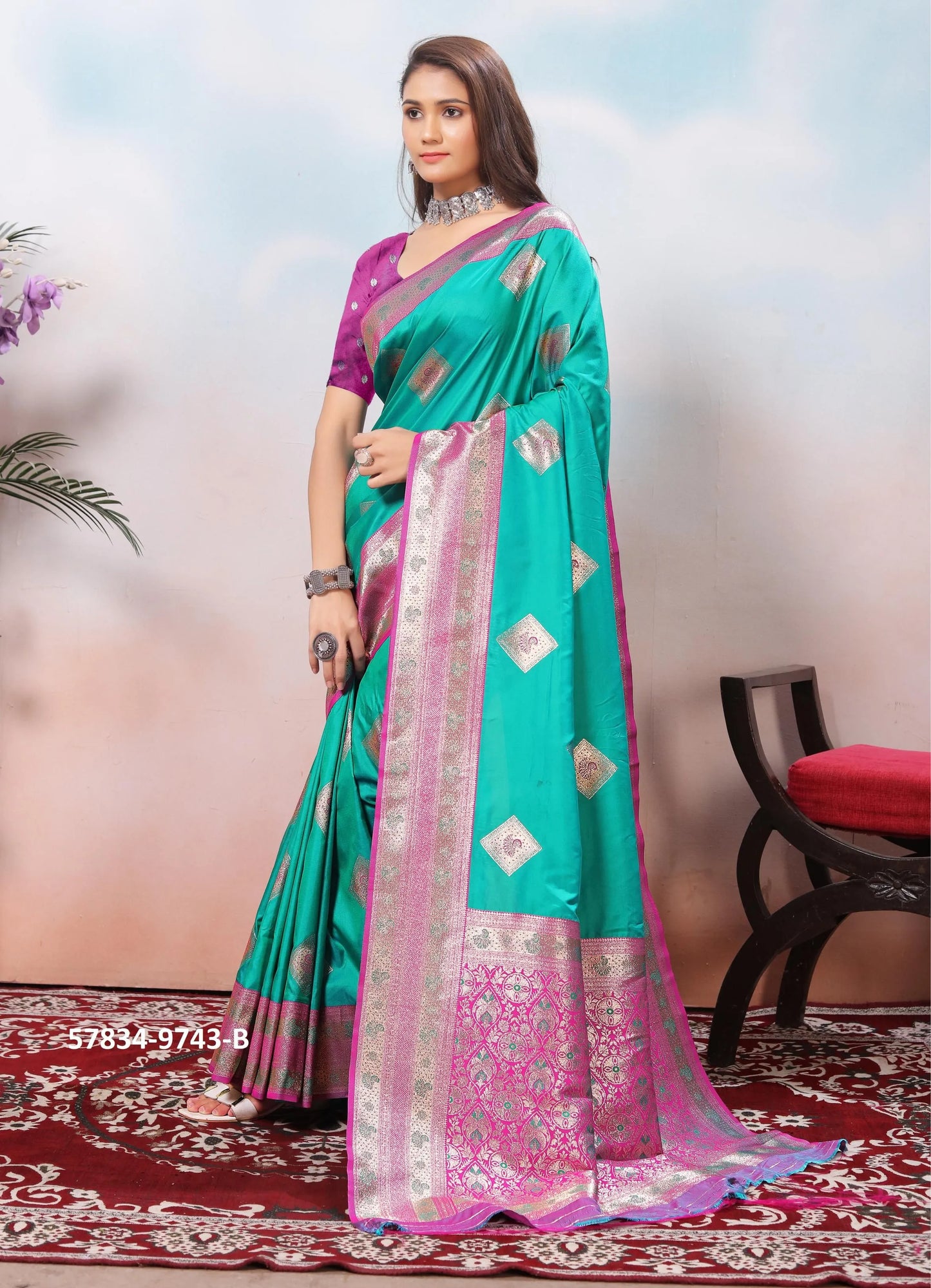 Aqua Green Silk Woven Jacquard Saree For Traditional / Religious-Occasions