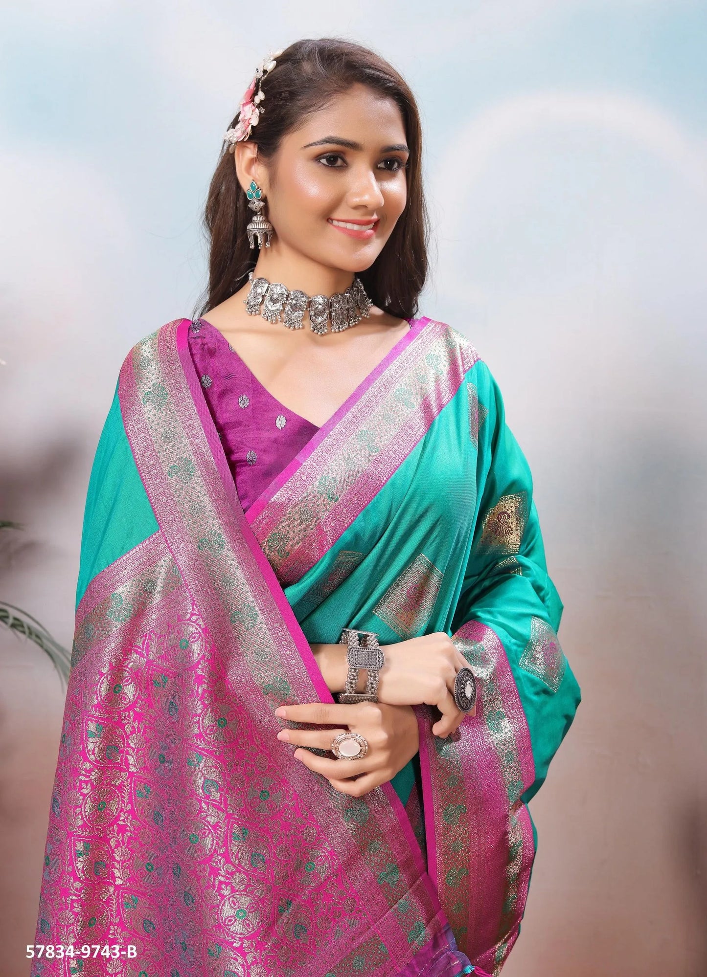 Aqua Green Silk Woven Jacquard Saree For Traditional / Religious-Occasions