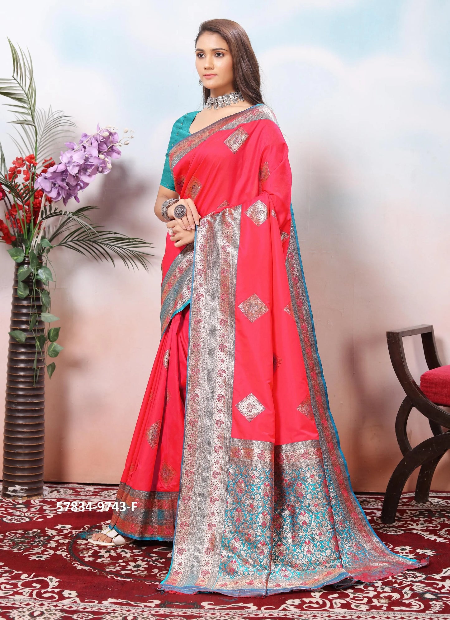 Coral Red Silk Woven Jacquard Saree For Traditional / Religious-Occasions