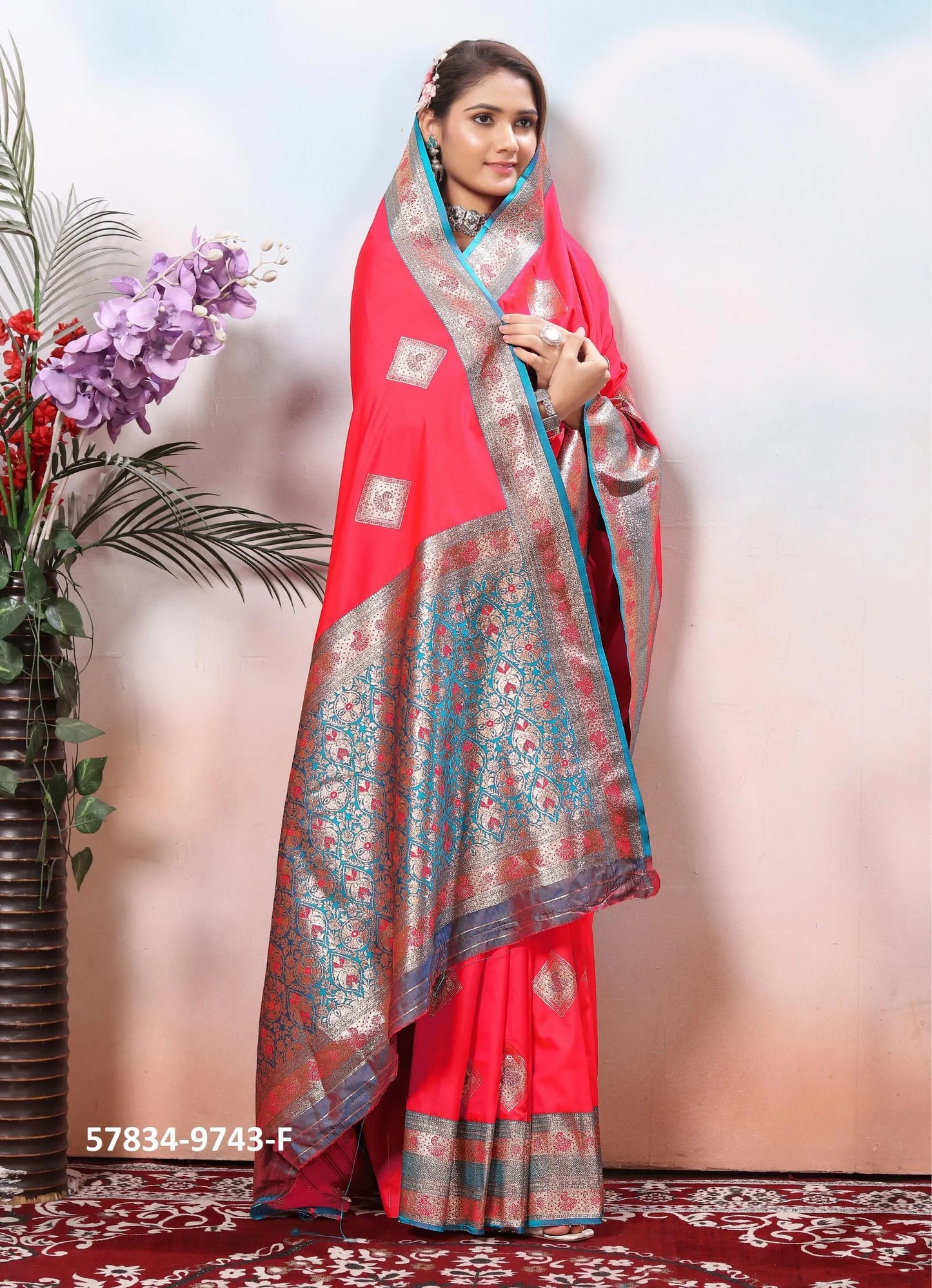 Coral Red Silk Woven Jacquard Saree For Traditional / Religious-Occasions