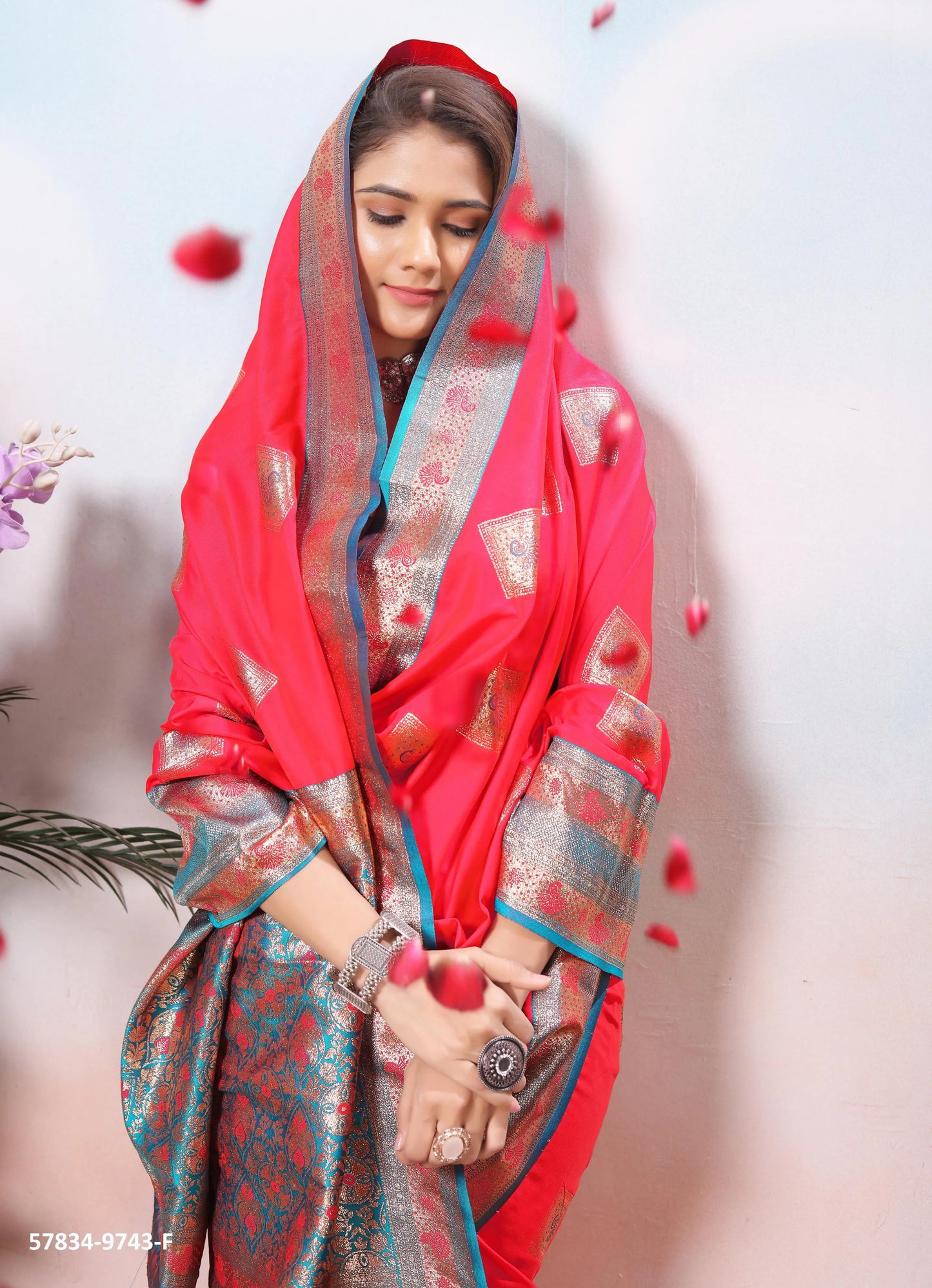 Coral Red Silk Woven Jacquard Saree For Traditional / Religious-Occasions