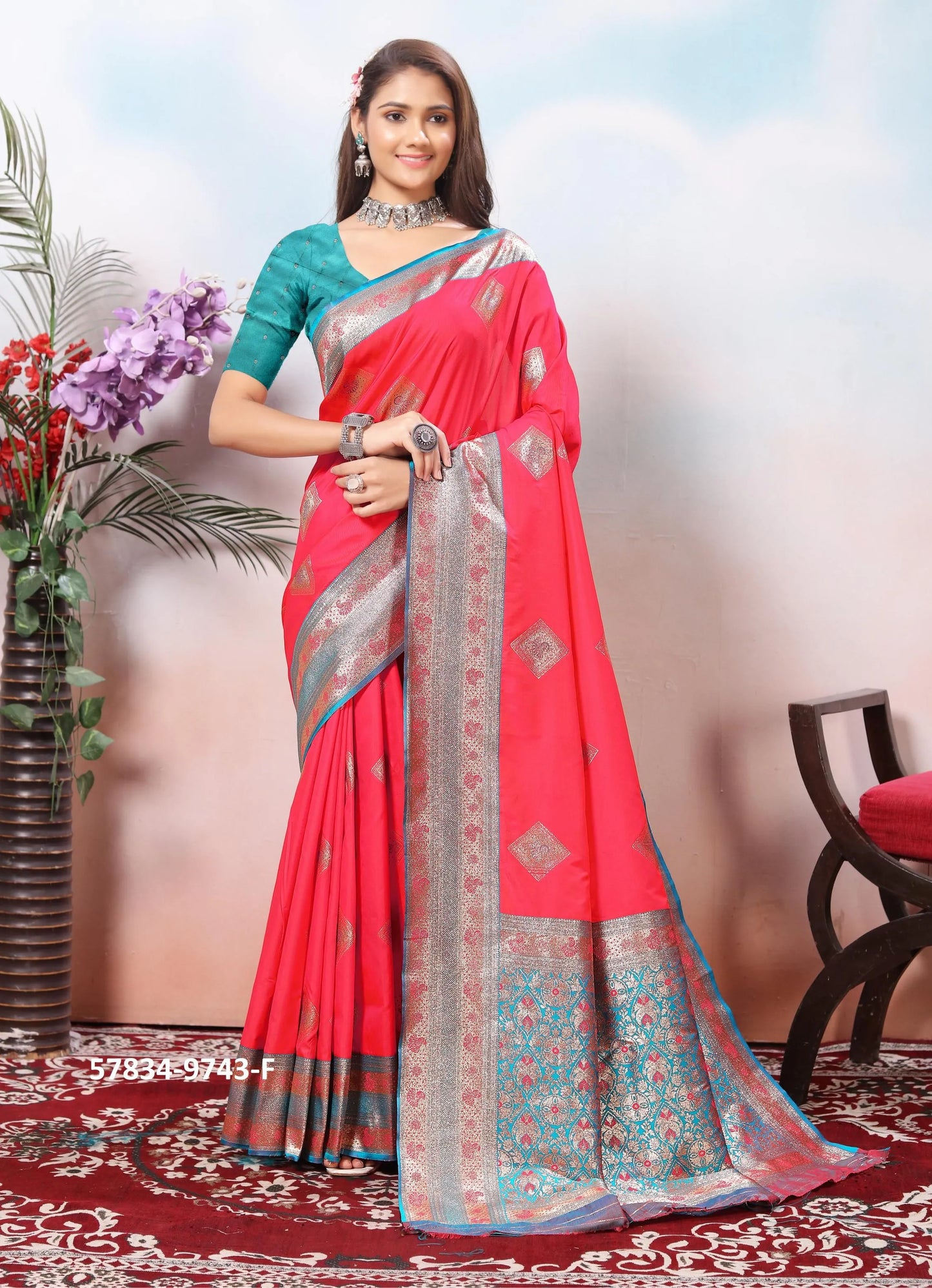 Coral Red Silk Woven Jacquard Saree For Traditional / Religious-Occasions