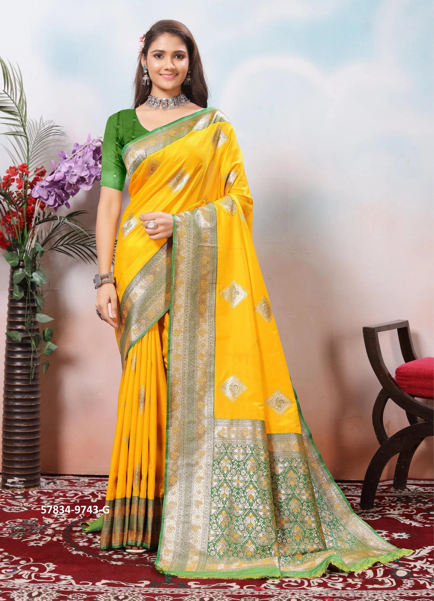 Yellow Silk Woven Jacquard Saree For Traditional / Religious-Occasions