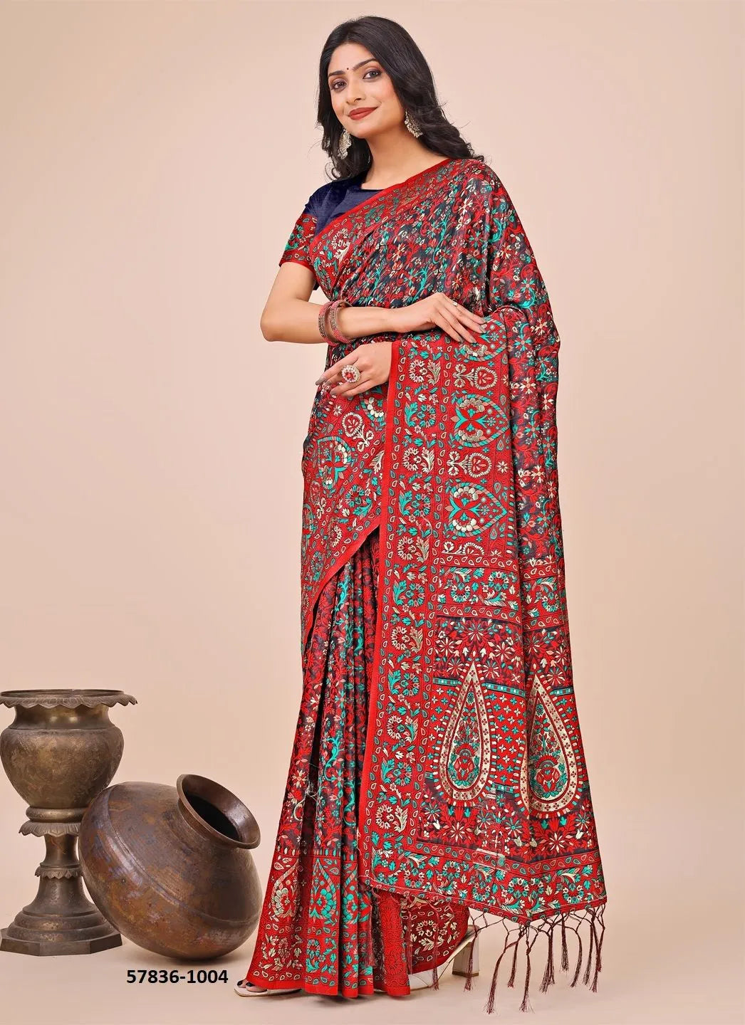 Crimson Red Cotton Woven Handloom Saree For Traditional / Religious-Occasions
