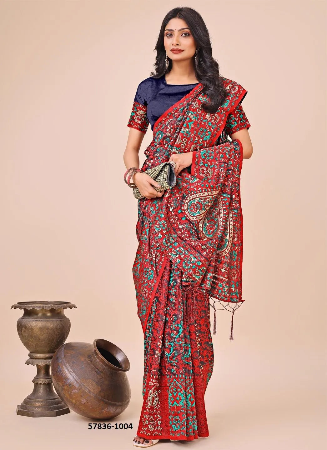 Crimson Red Cotton Woven Handloom Saree For Traditional / Religious-Occasions