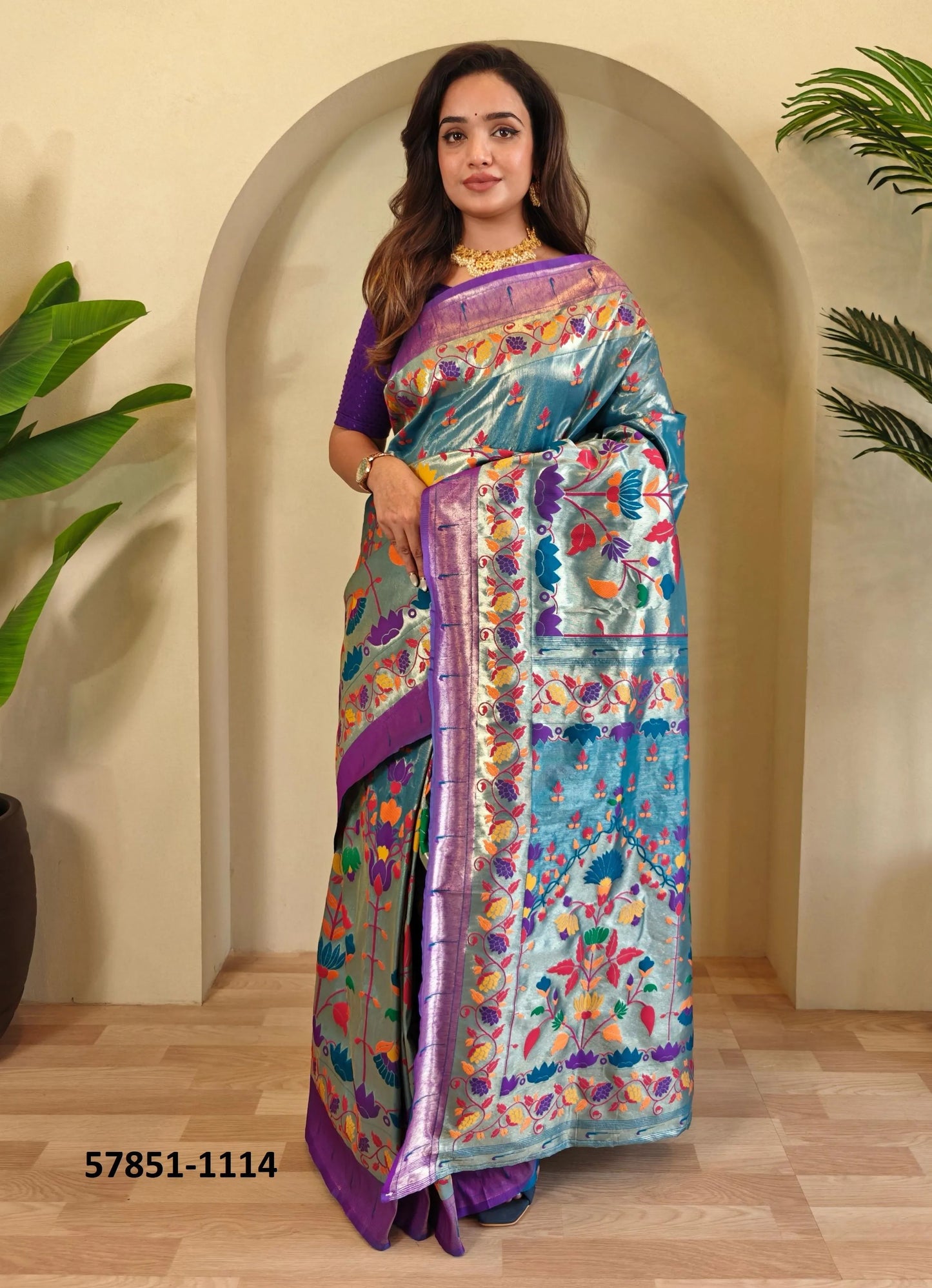 Teal Blue Woven Paithani Silk Saree For Traditional / Religious-Occasions