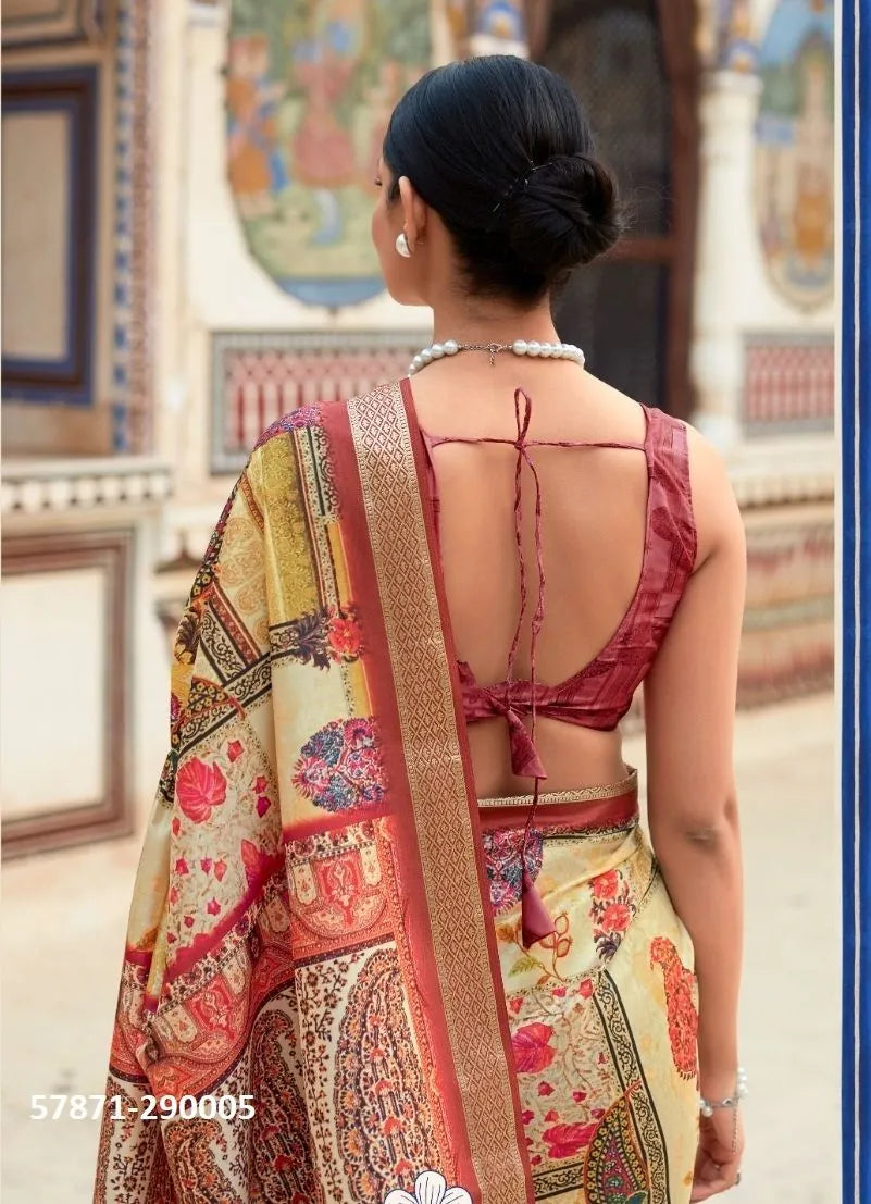 Yellow Soft Silk Printed Casual-Wear Saree
