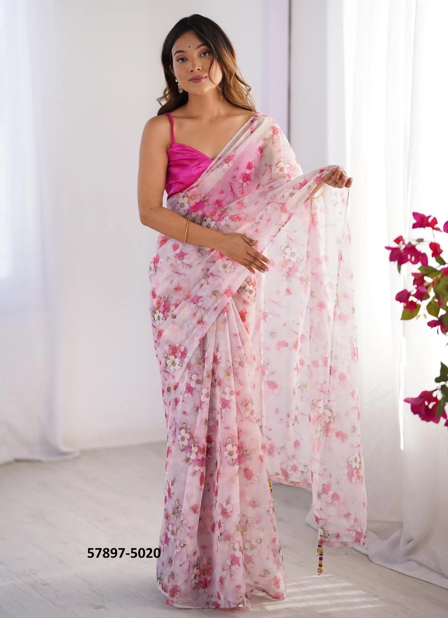 White Organza Fashionable Saree For Kitty-Parties