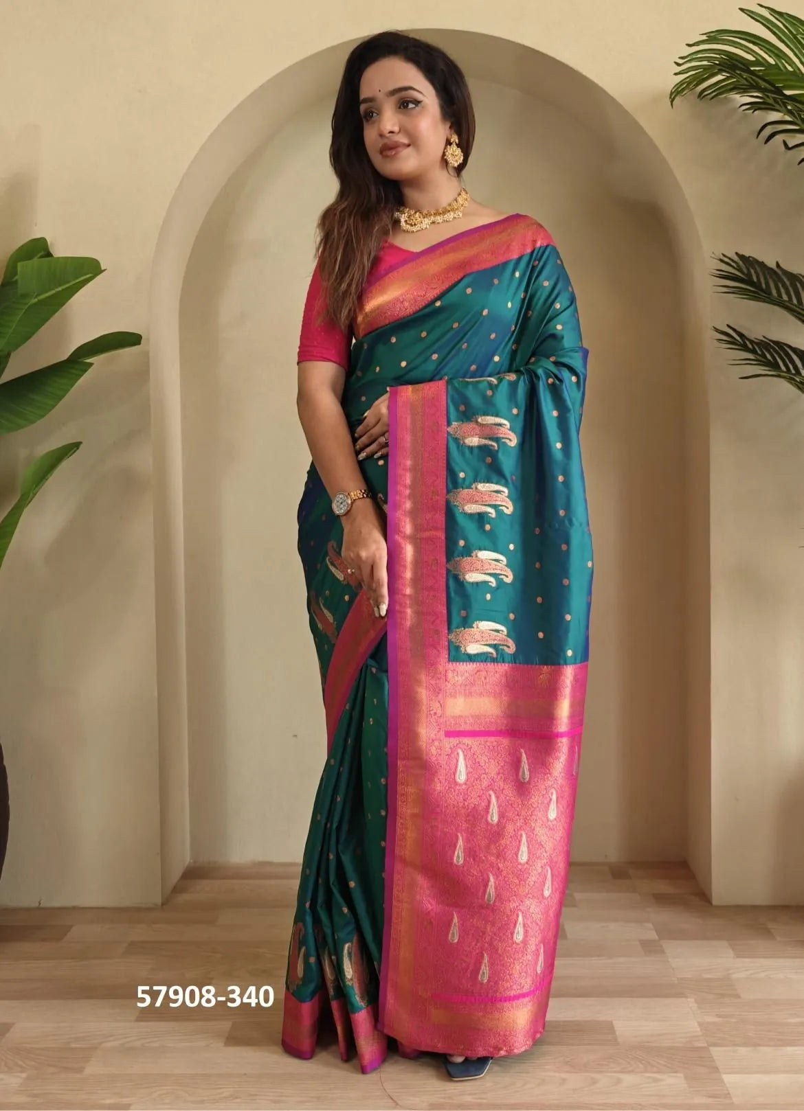 Teal Blue Woven Paithani Silk Saree For Traditional / Religious-Occasions