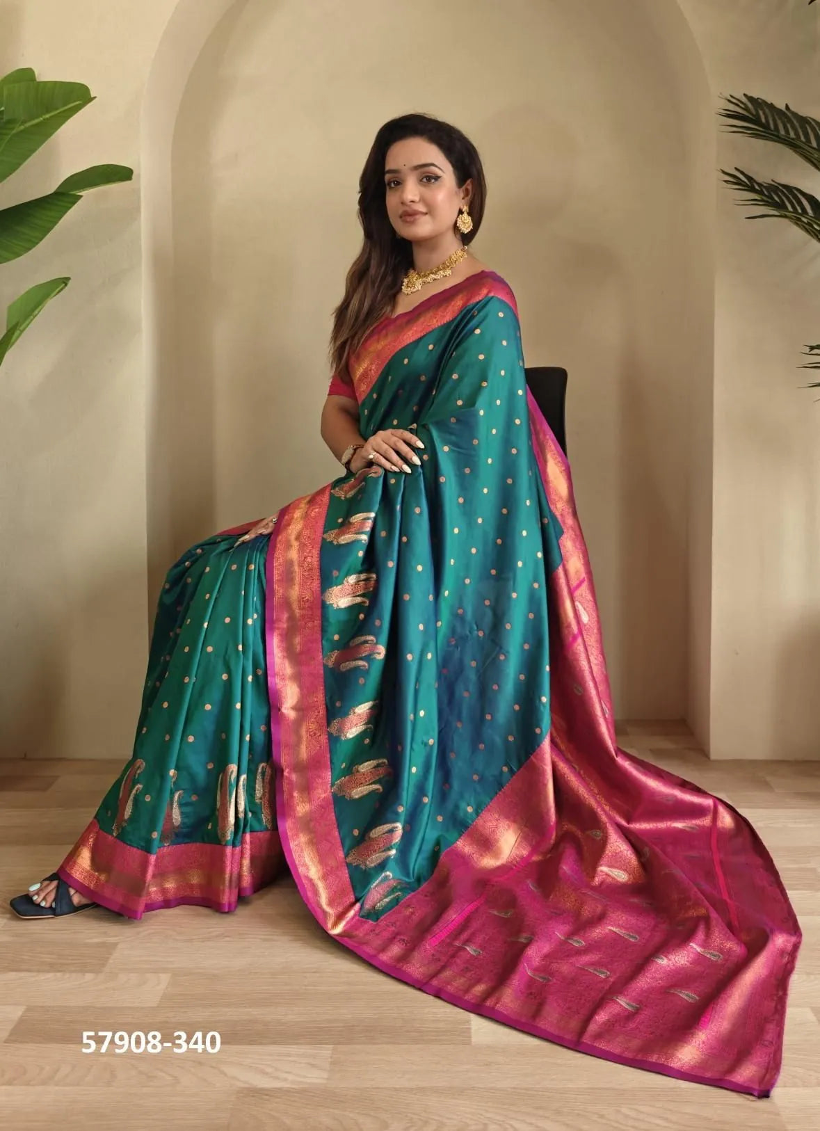 Teal Blue Woven Paithani Silk Saree For Traditional / Religious-Occasions