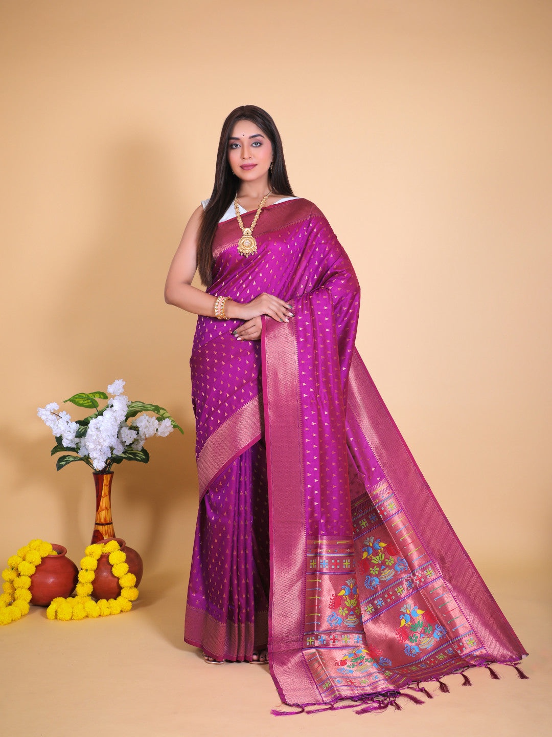 Magenta color paithani silk saree with zari weaving work