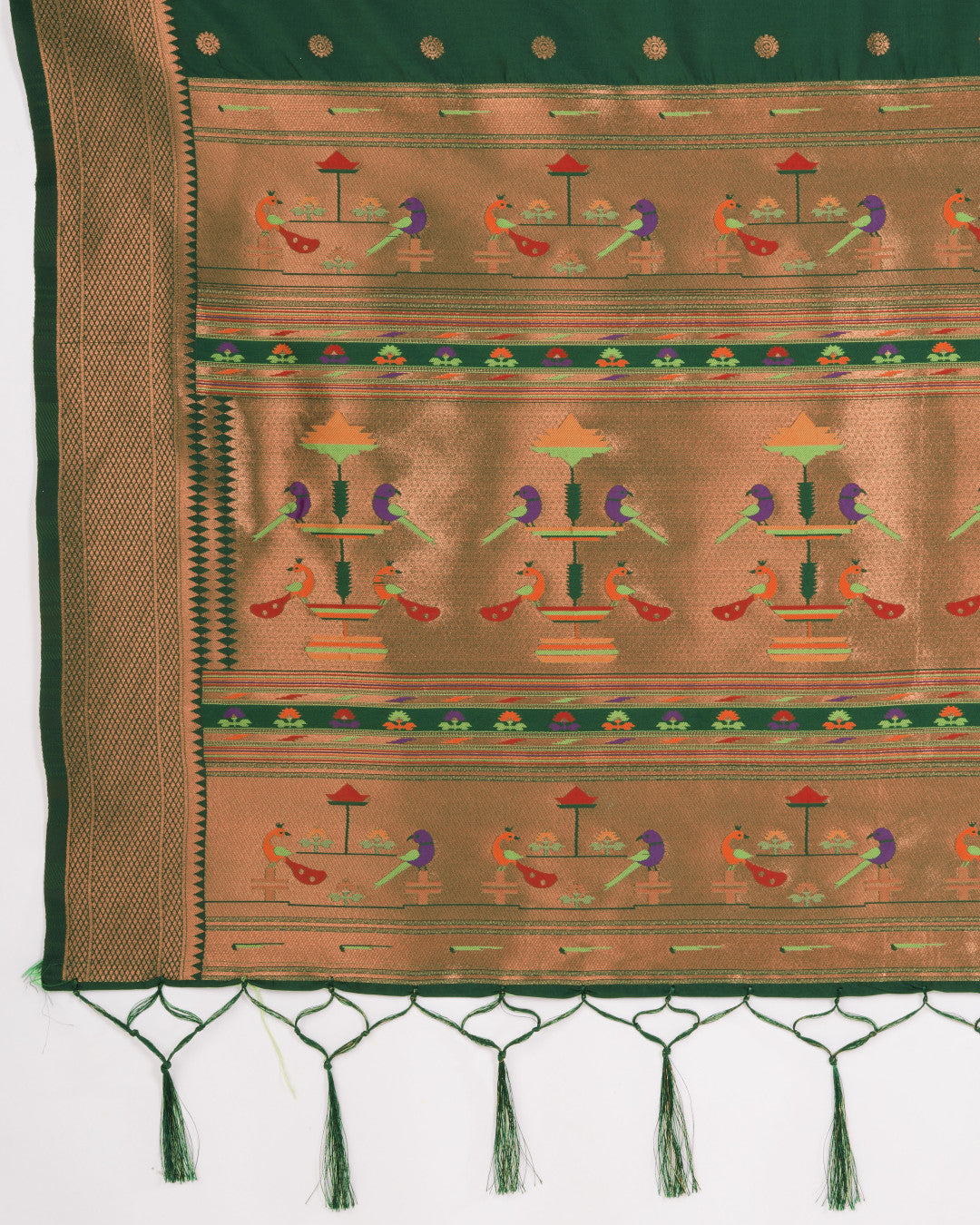 Dark green color paithani silk saree with copper zari weaving work