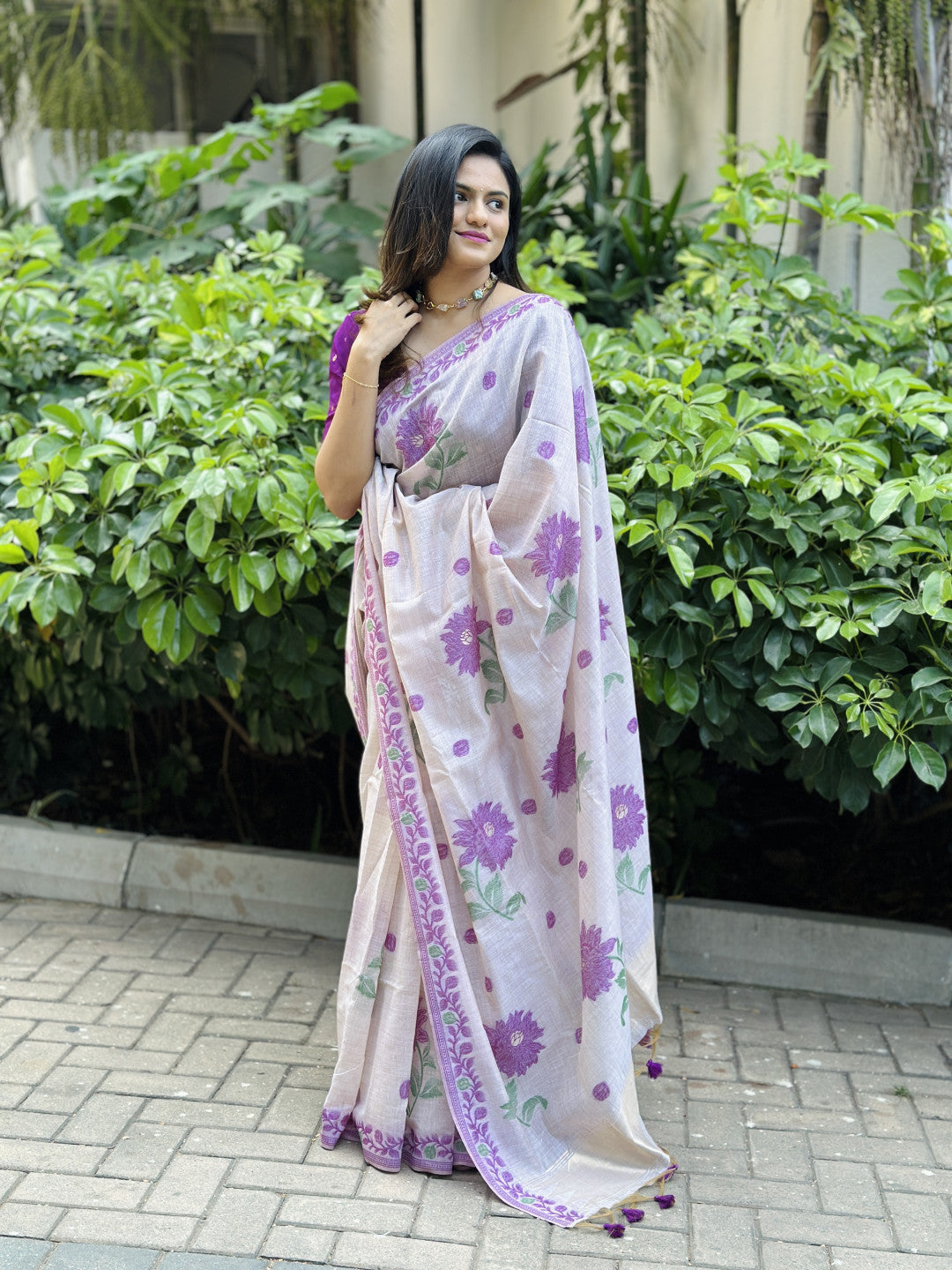 Purple soft muga cotton saree with jamdani weaving work