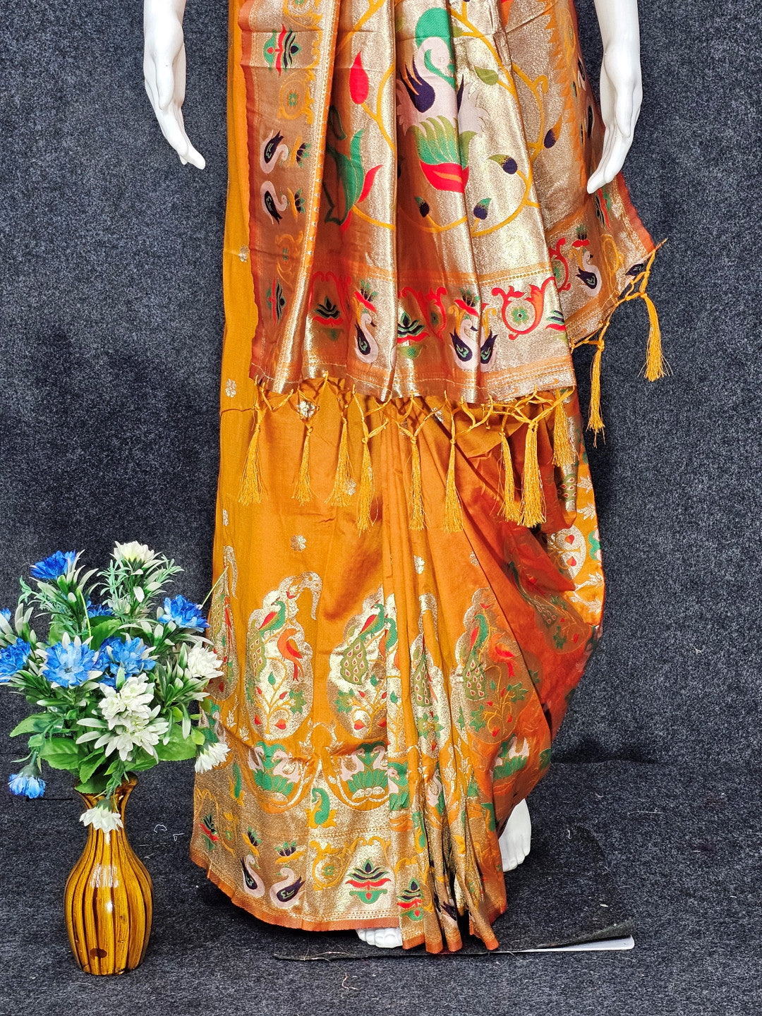 Mustard yellow paithani silk saree with zari weaving work