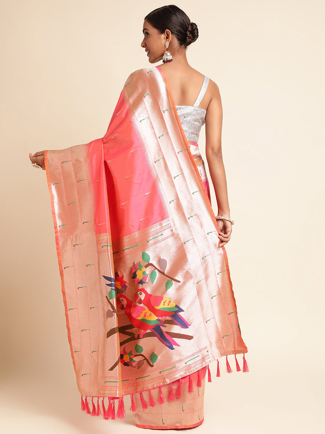 Peach zari woven muniya border traditional soft paithani silk saree