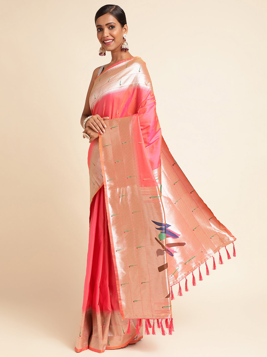Peach zari woven muniya border traditional soft paithani silk saree